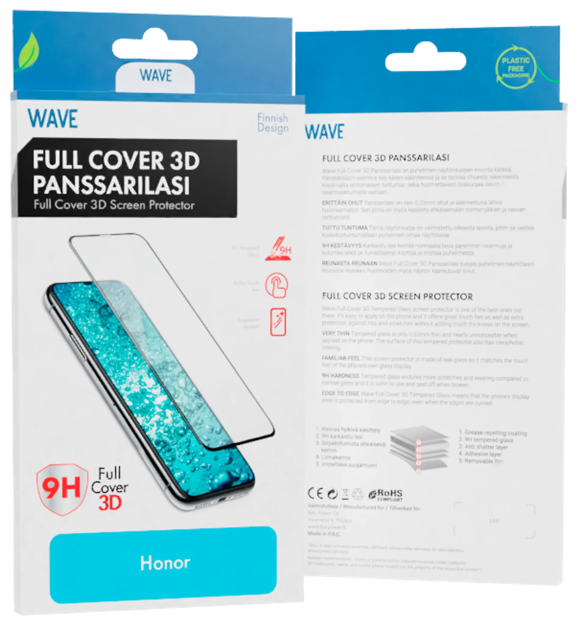 Wave Full Cover 3D Panssarilasi, Honor 70, Musta Kehys