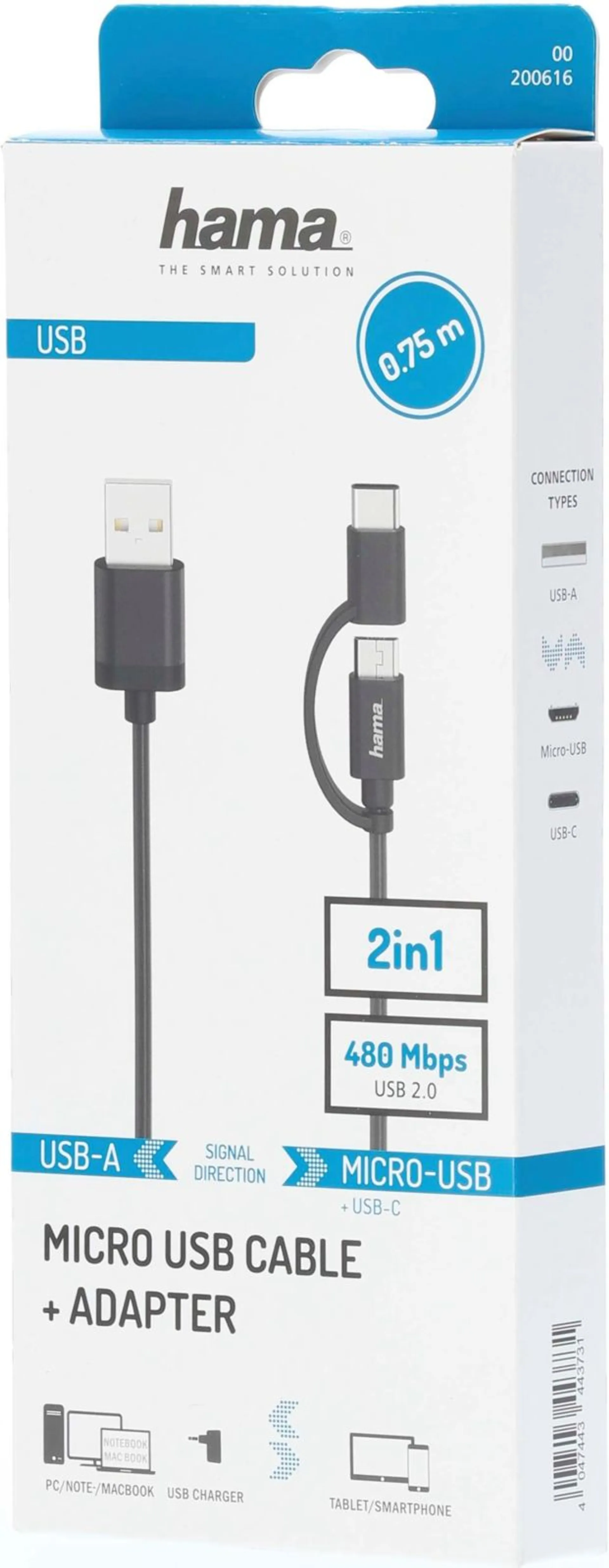 Hama USB-kaapeli, 2 in 1, USB-A uros - Micro-USB uros / USB-C uros, USB 2.0, 480 Mbit/s, 0,75 m - 2
