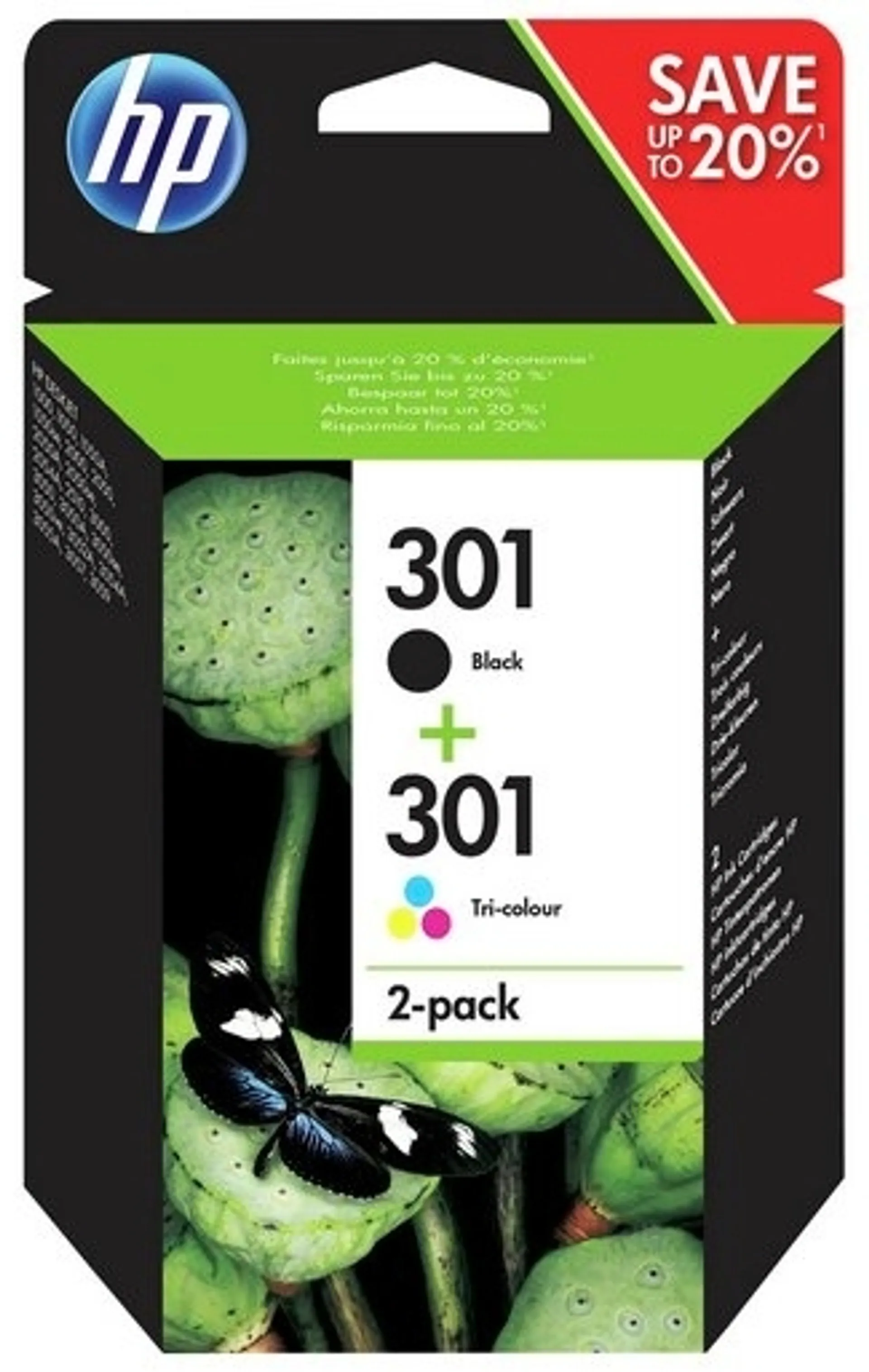 HP 301 mustepatruuna 2-pack kaikki värit + musta