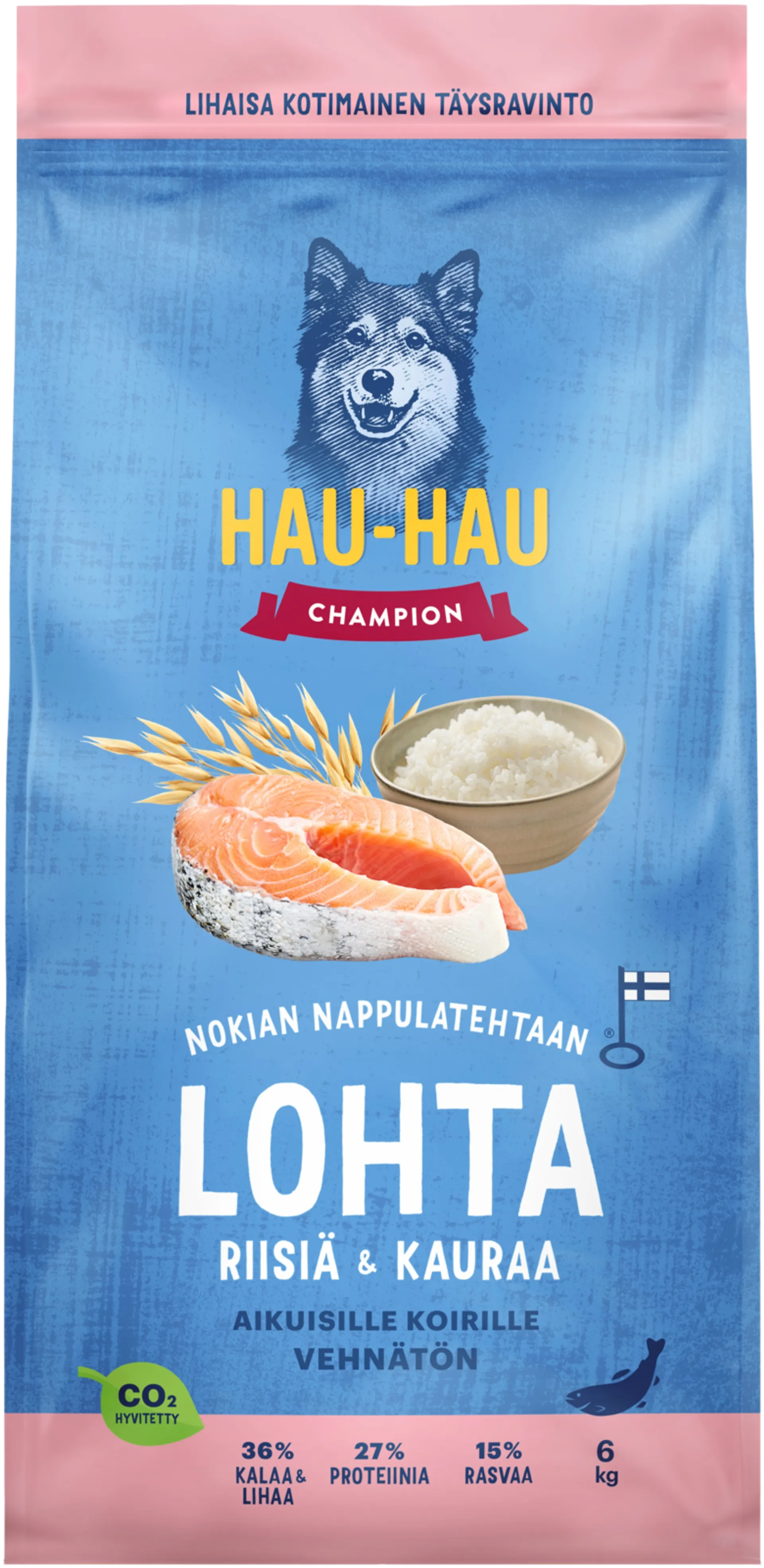 Hau-Hau Champion Nokian Nappulatehtaan Lohta, riisiä & kauraa täysravinto aikuisille koirille 6 kg