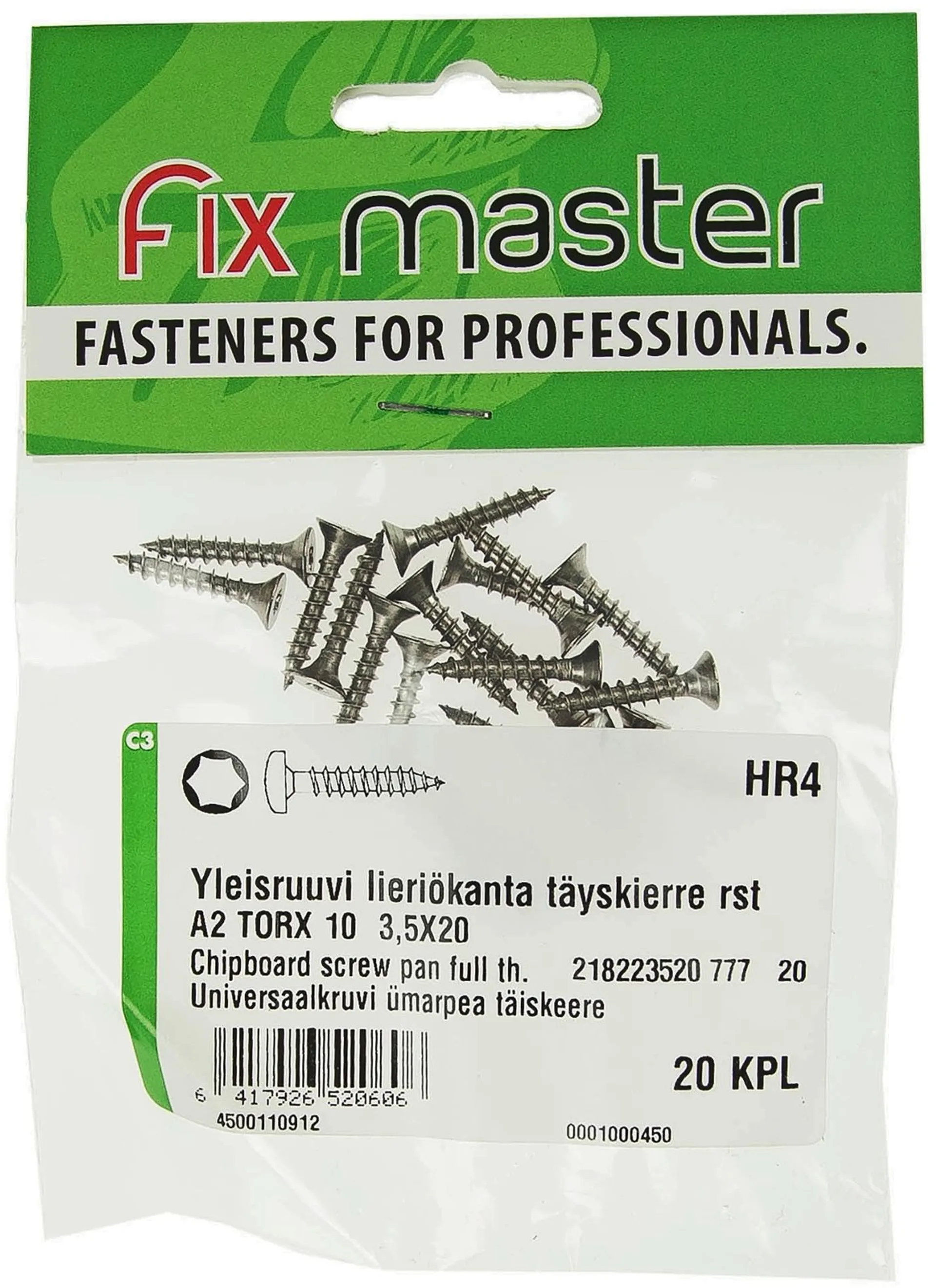 Fix Master yleisruuvi lieriökanta A2 torx10 3,5X20 20kpl