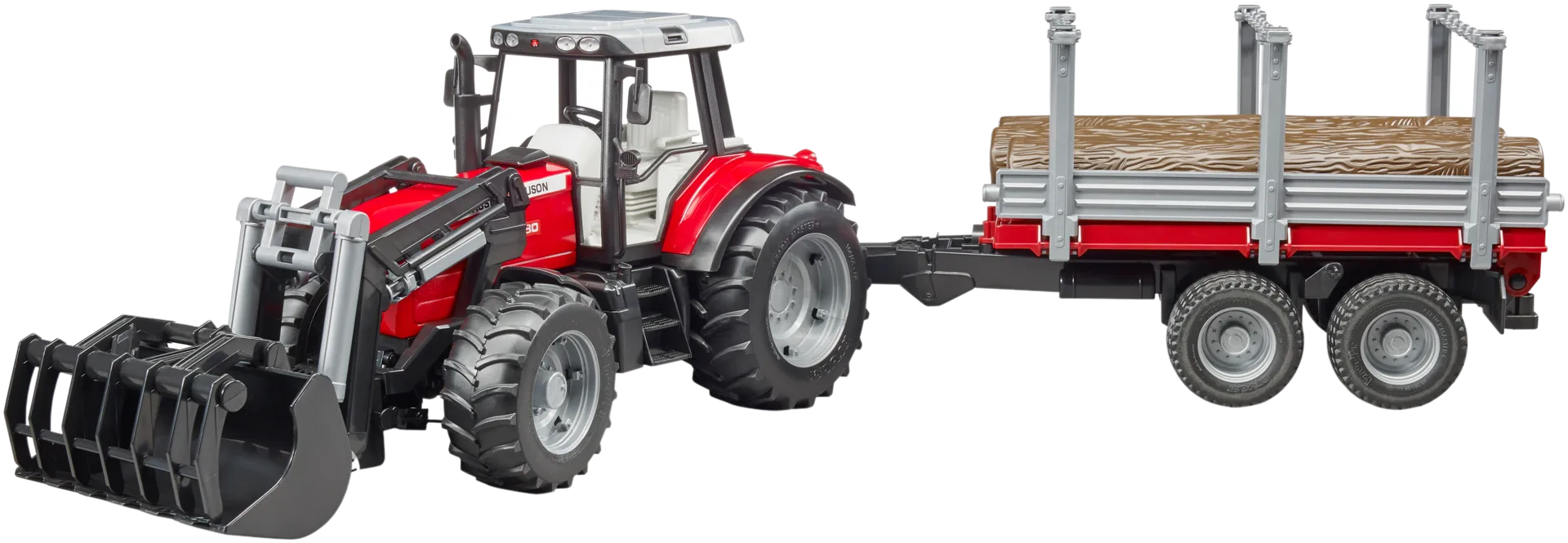 Bruder Massey Ferguson 7480 traktori etukuormaajalla ja metsäperävaunulla