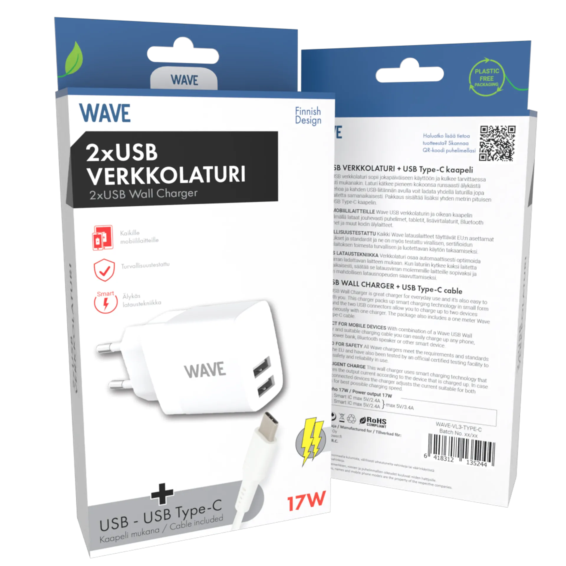Wave verkkolaturi 2 x USB-A + USB type-C kaapeli (17W) valkoinen - 2