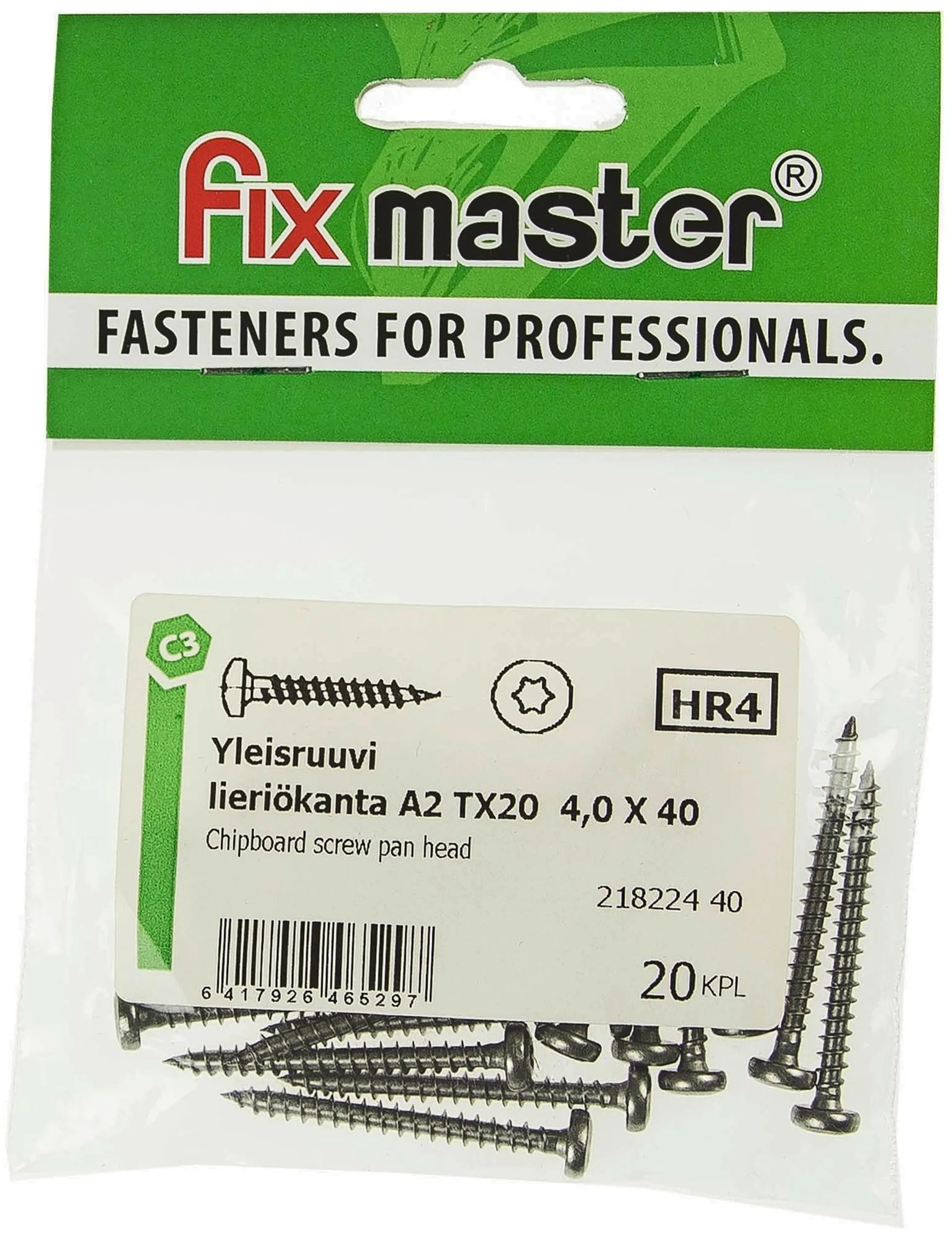 Fix Master yleisruuvi lieriökanta täyskierre 4,0X40 torx20 A2 20kpl