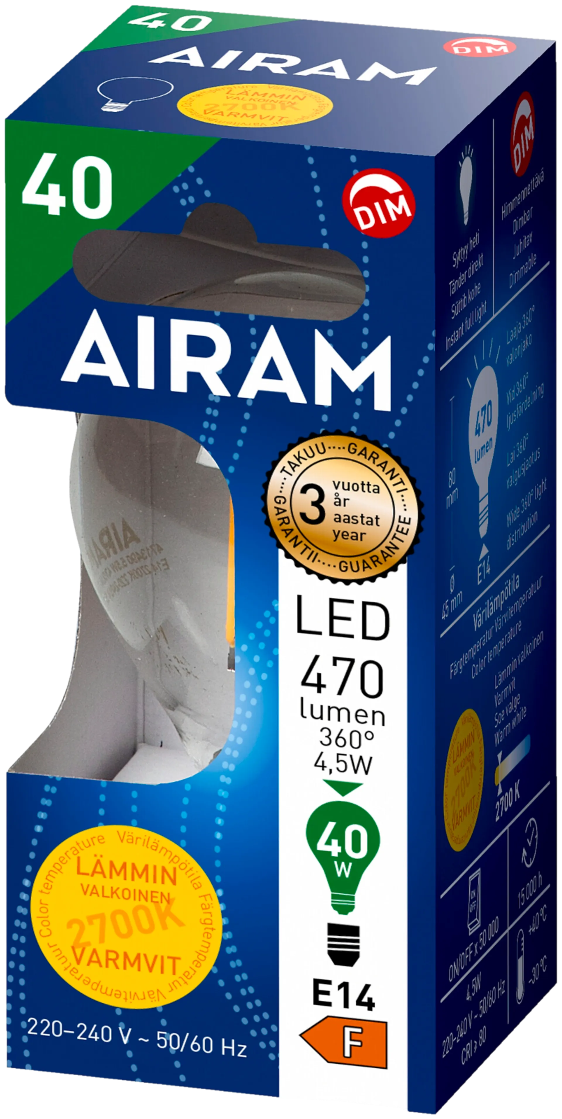 Airam LED mainos 4,5W E14 470LM himmennettävä kirkasfilamentti - 2