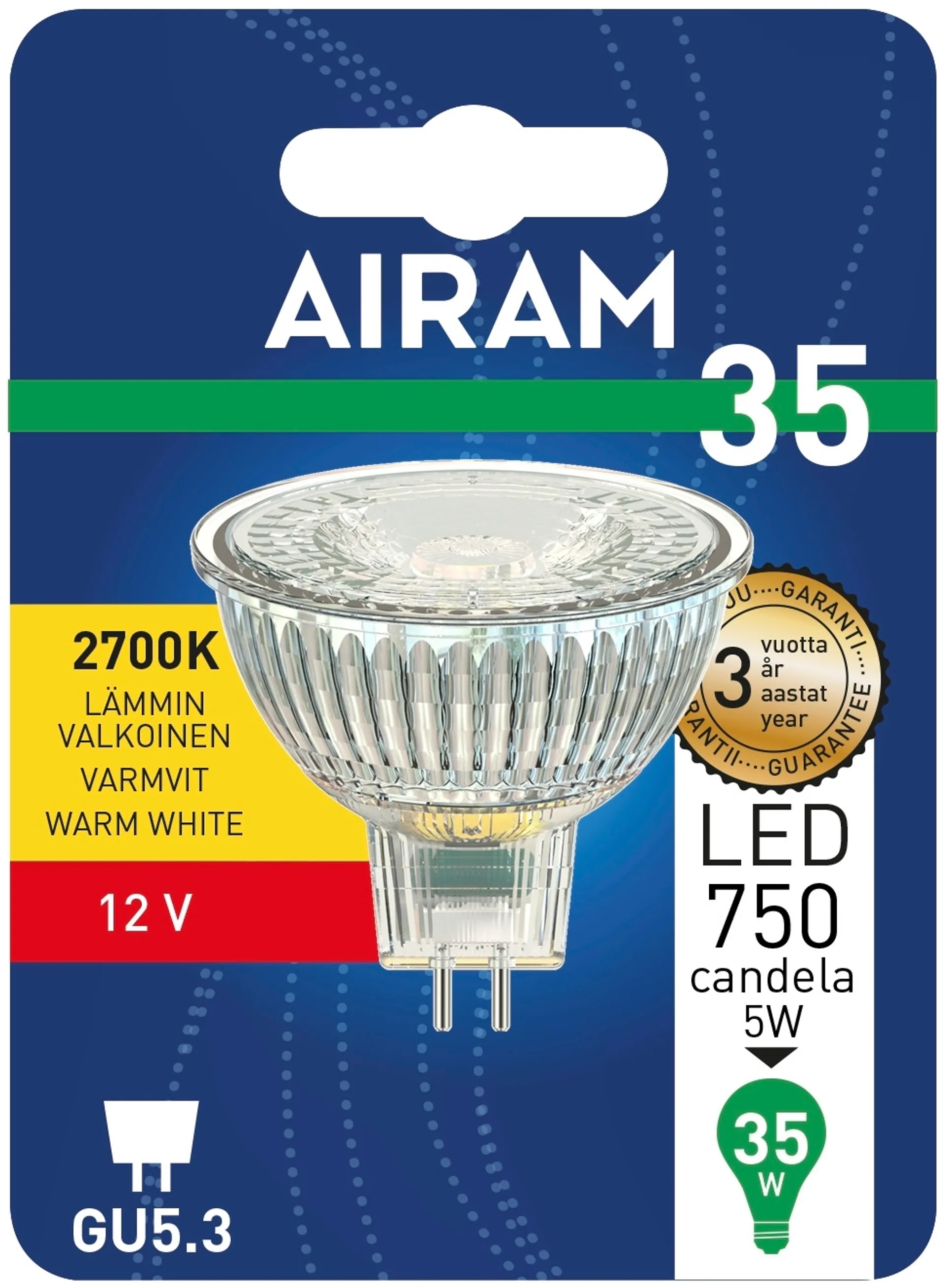 Airam Led kohde MR16 fullglass 4.5W GU5.3 36D 400lm/750cd 2700K 12V, blister - 2