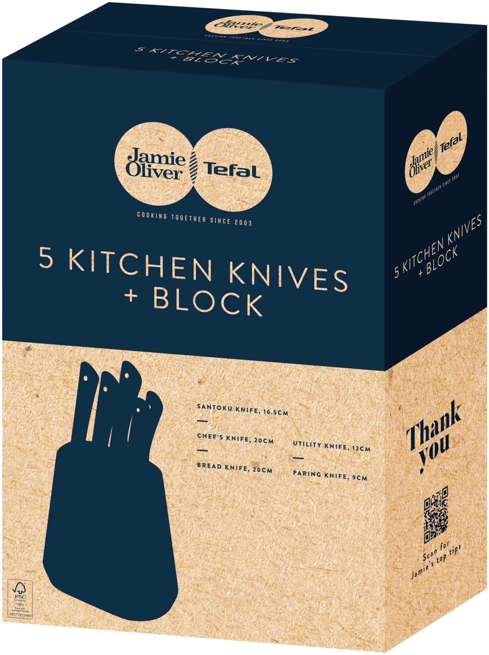 Tefal Jamie Oliver veitsisetti 5 osaa (kokkiveitsi 20 cm, Santoku-veitsi 16,5 cm, leipäveitsi 20 cm, yleisveitsi 12 cm, juures-/vihannesveitsi 9 cm ja veitsitukki) - 5