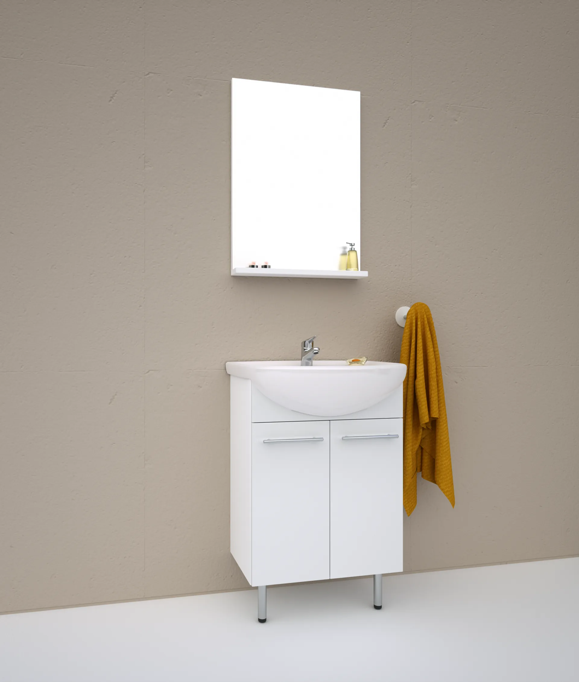 Indoor 3in1 kylpyhuonekalustesetti, sisältää allaskaapiston ovilla, posliinialtaan ja peilin hyllytasolla - 3