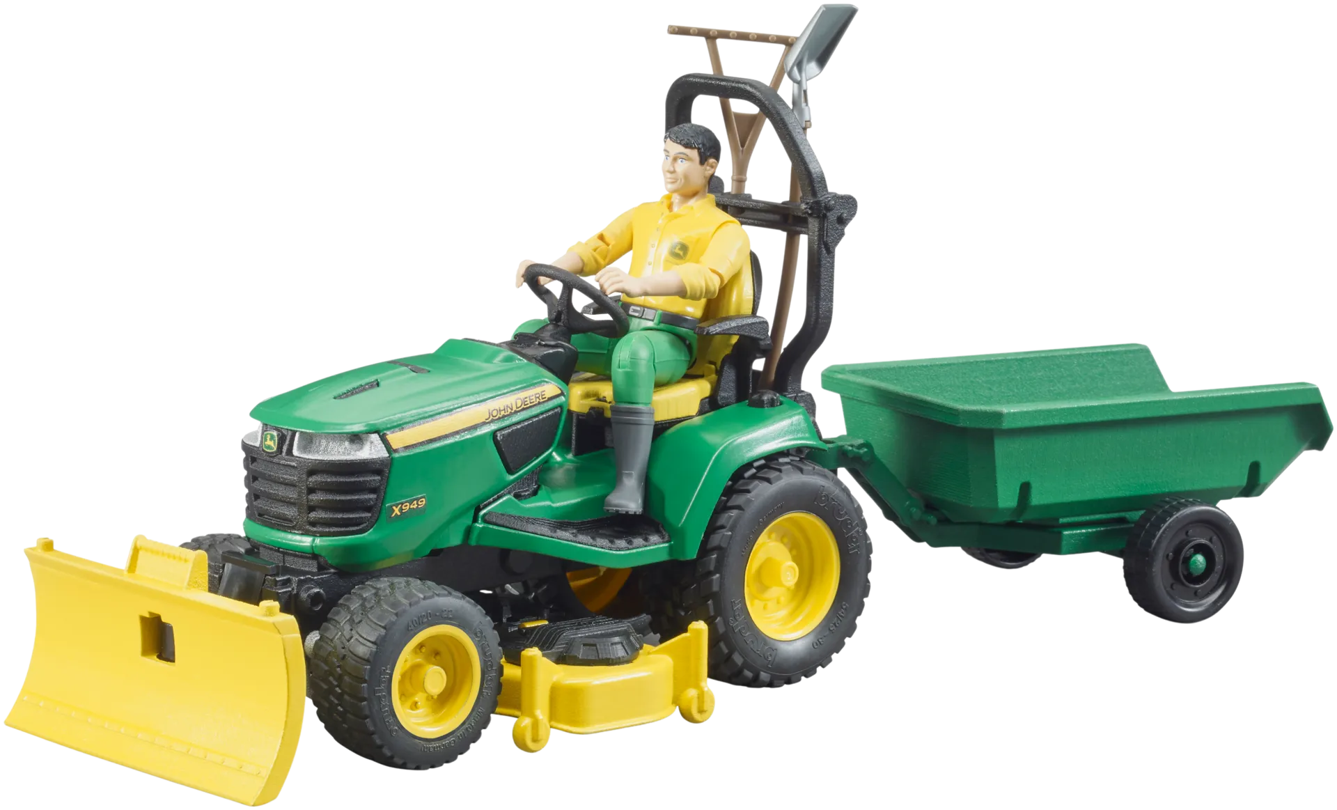 Bruder lelu bworld John Deere puutarhatraktori perävaunulla ja puutarhurilla