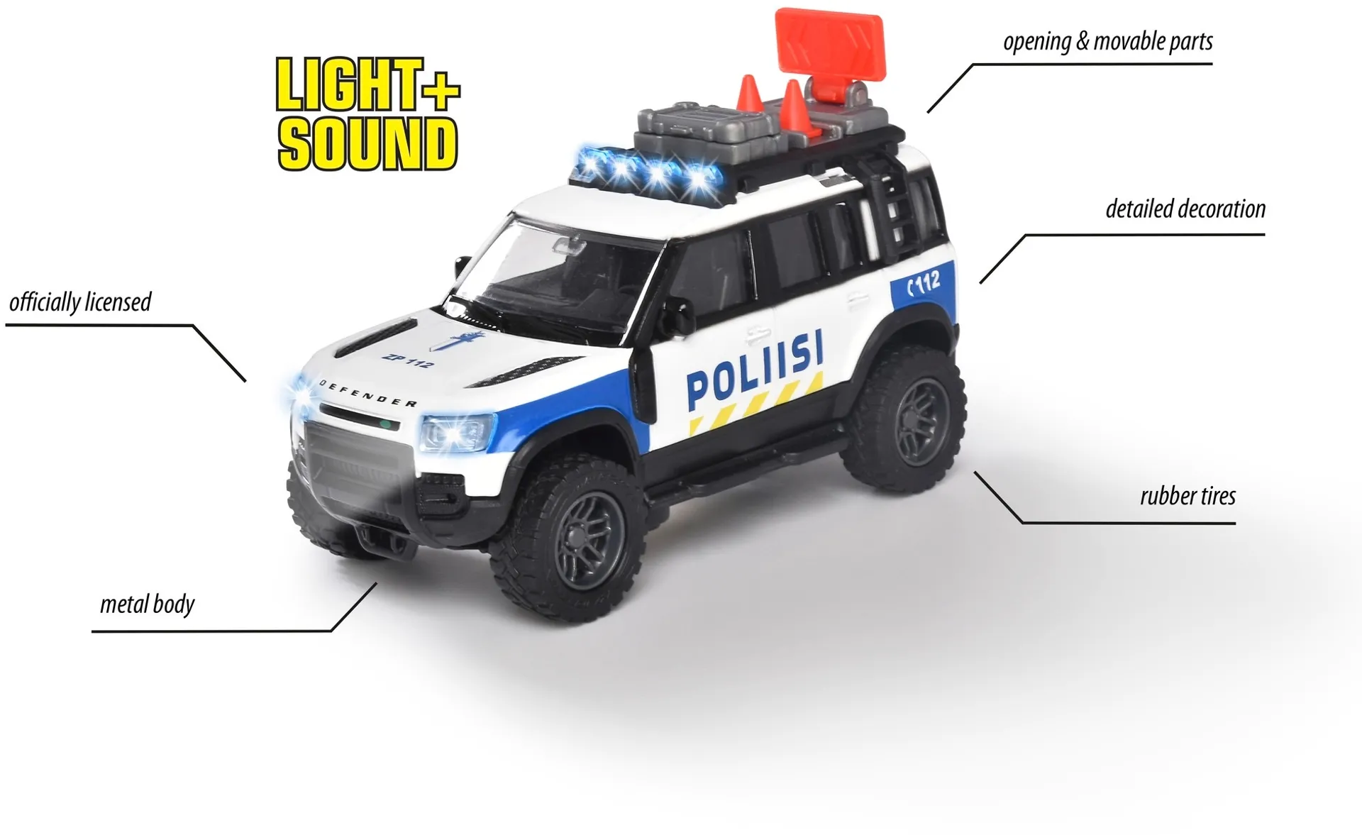 Majorette Grand Series Land Rover, suomalainen poliisiauto, valo- ja äänitoiminto, 12,5 cm - 5