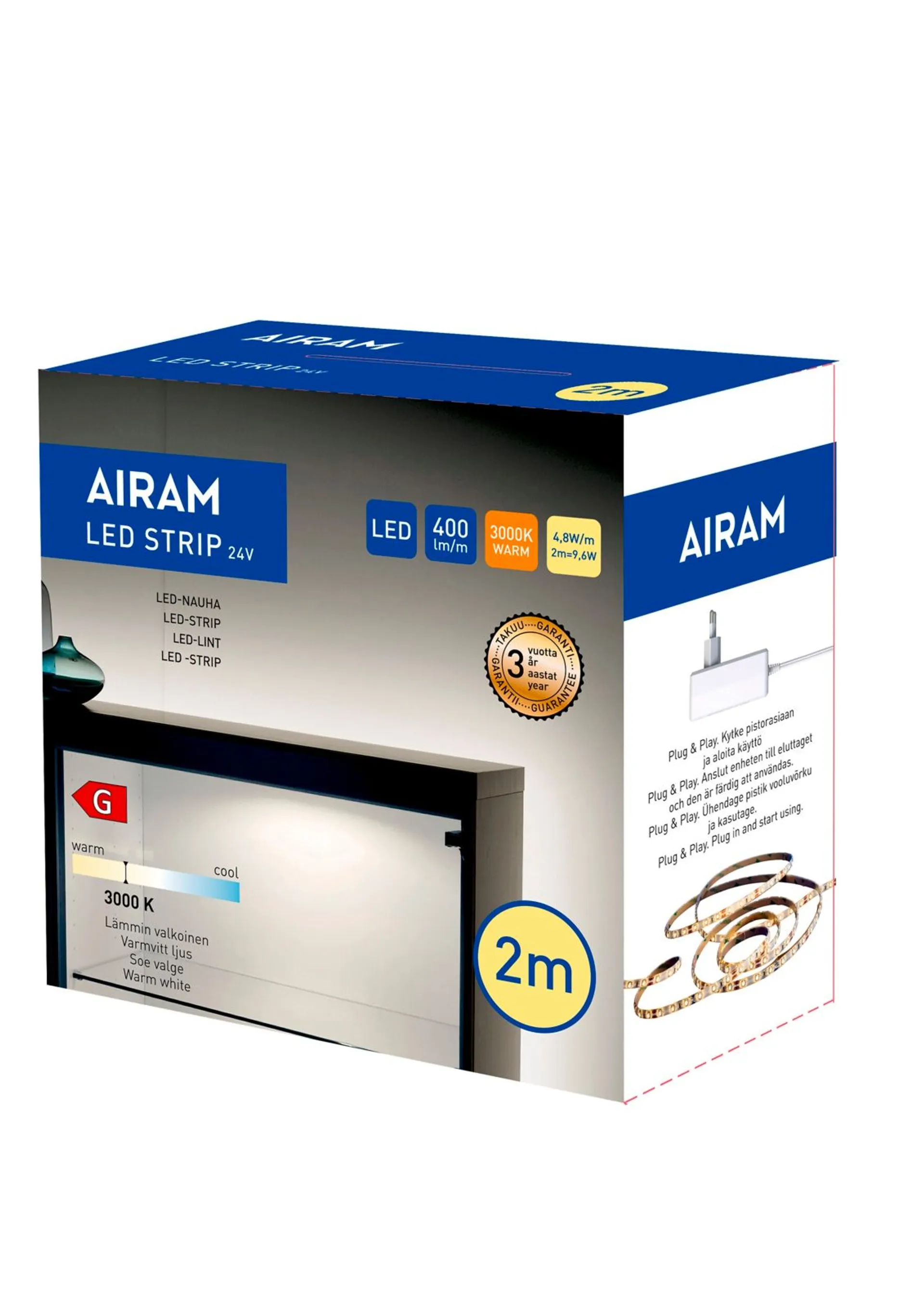 Airam Led strip 24V IP20 4,8W/m 830 2m - 3