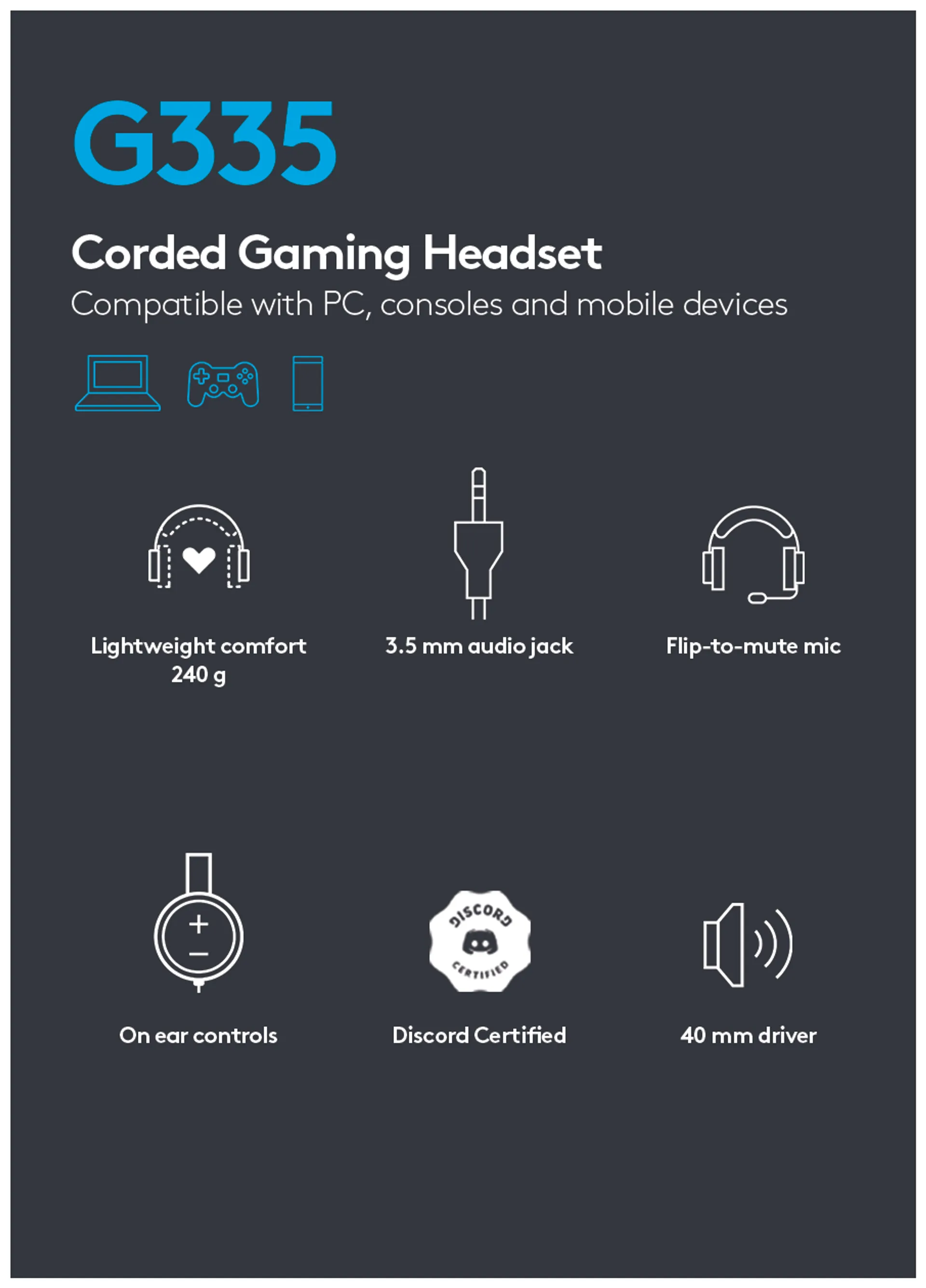 Logitech G335 Wired Gaming Headset - valkoinen - 3