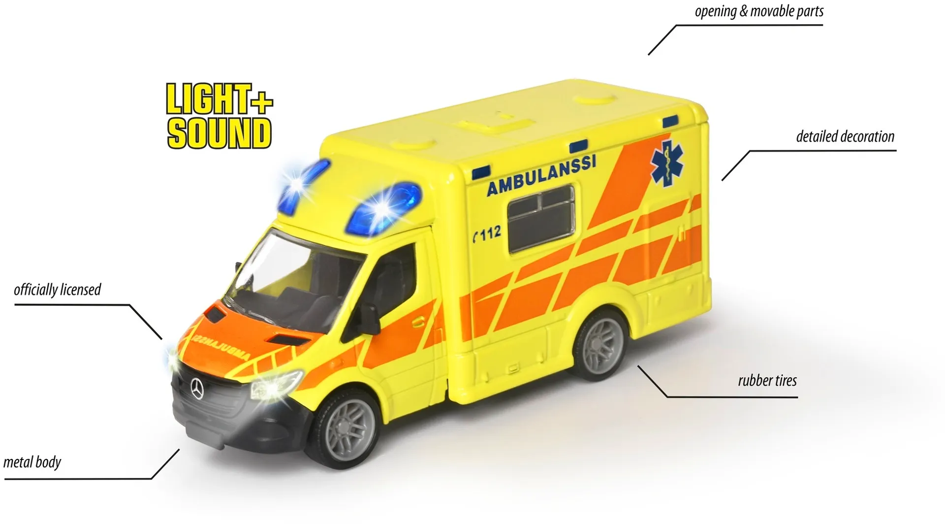 Majorette Grand Series Mercedes-Benz Sprinter, suomalainen ambulanssi, valo- ja äänitoiminto, 15 cm - 5