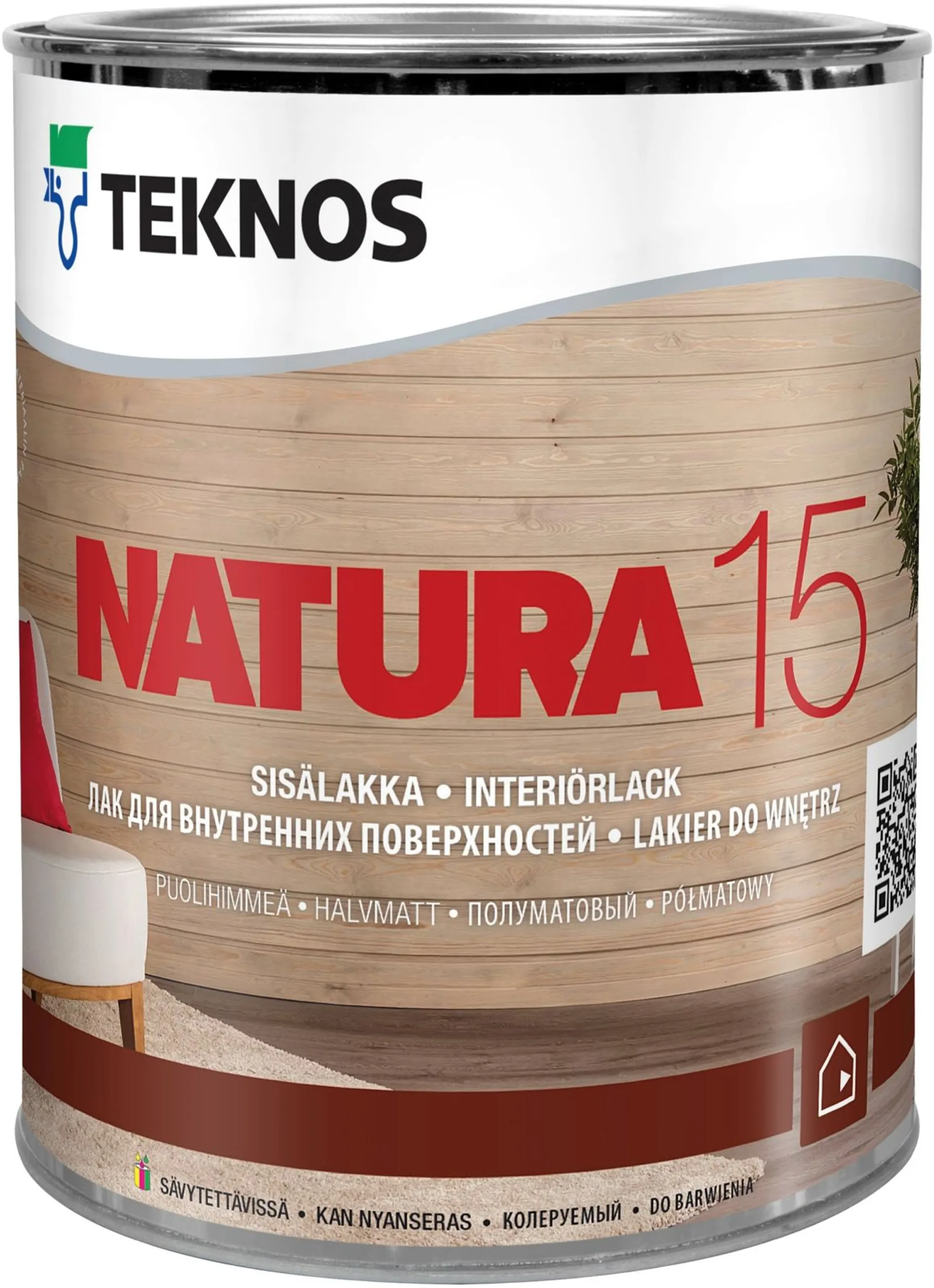 Teknos sisälakka Natura 15 0,9 l väritön sävytettävissä puolihimmeä