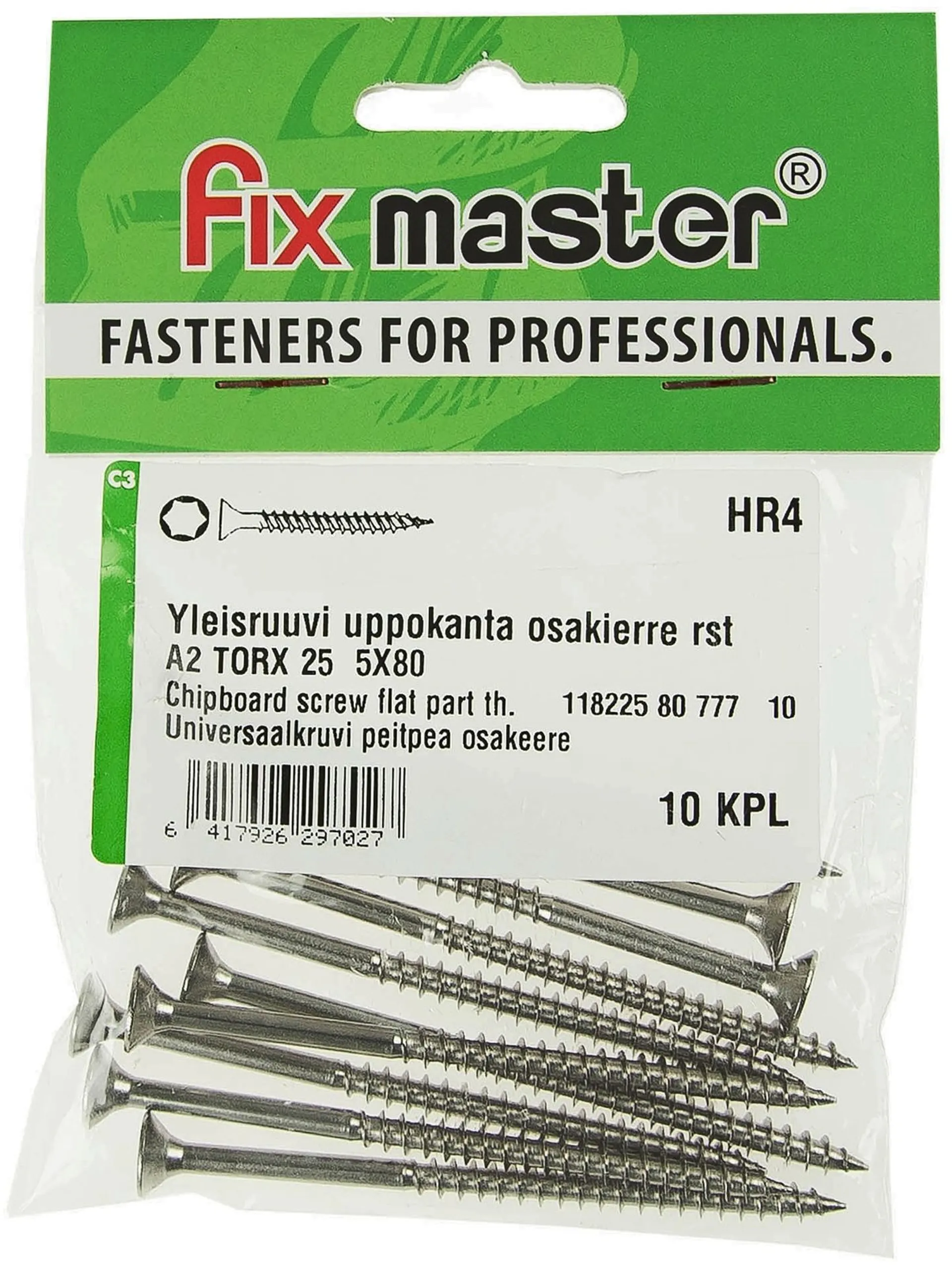 Fix Master yleisruuvi uppokanta osakierre 5,0X80 A2 torx25 10kpl