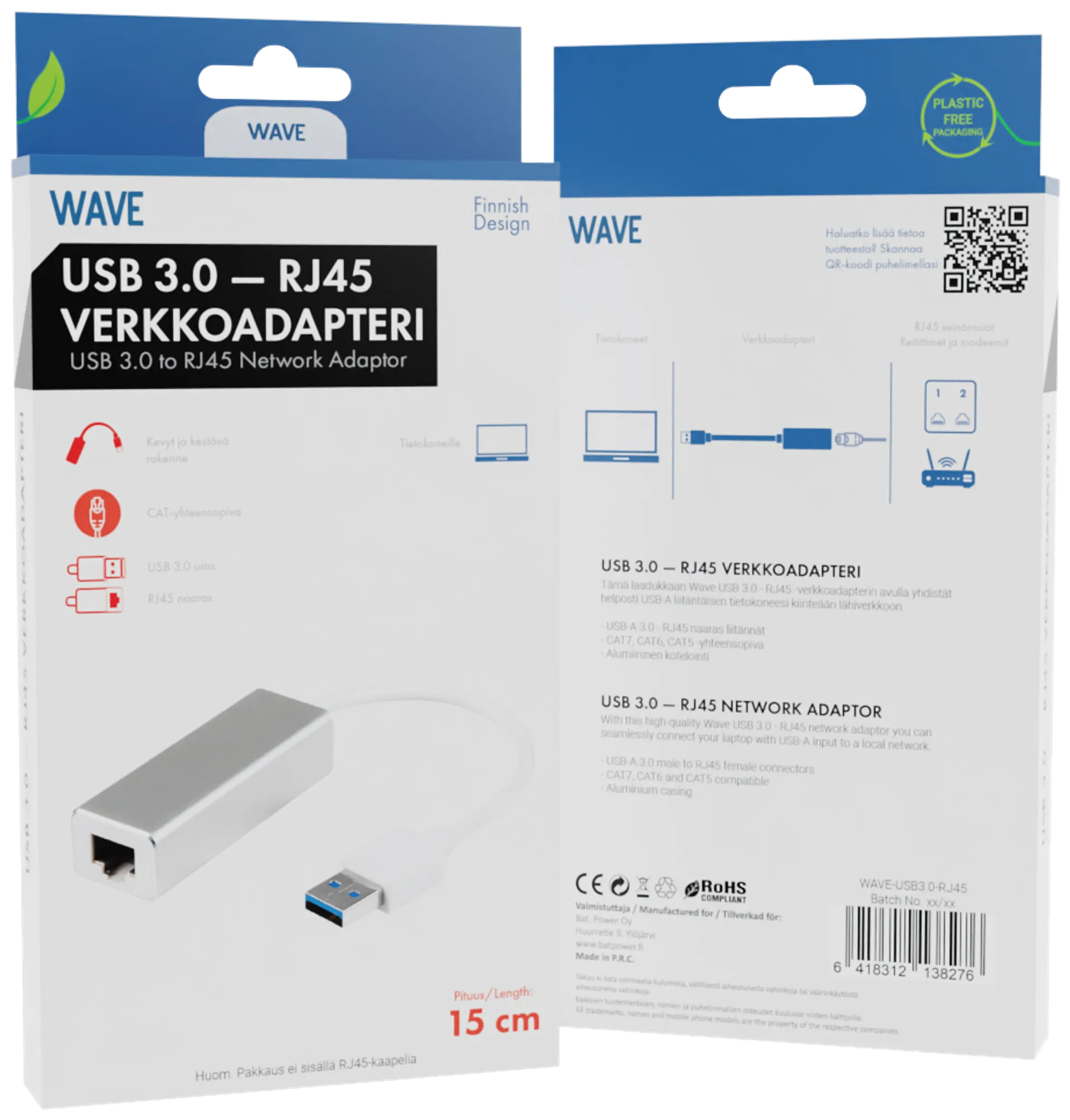 Wave USB 3.0 uros - RJ45 naaras verkkoadapteri, 15cm, Hopea/Valkoinen - 2