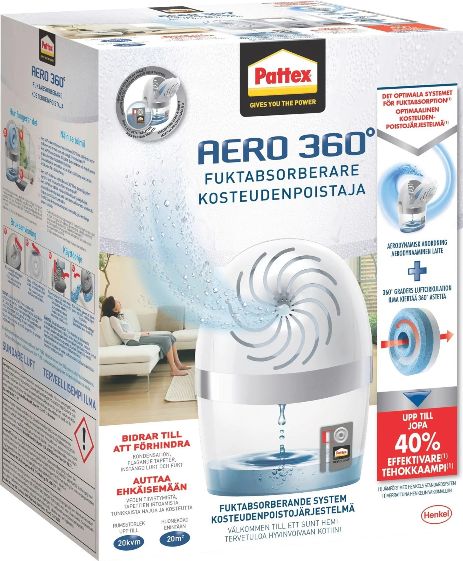 Pattex 450g Kosteudenpoistaja Aero360 laite, sisältää yhden neutraalin tabletin