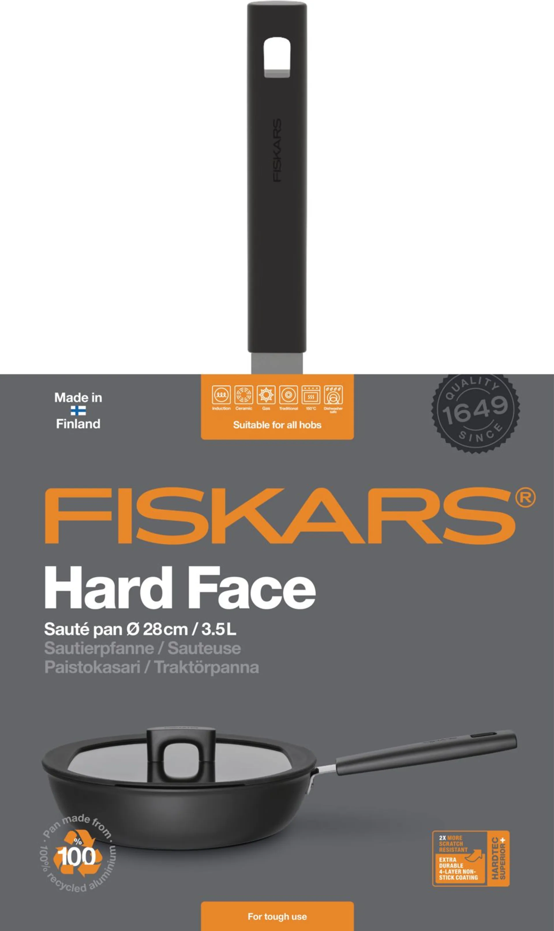 Fiskars Hard Face 28cm paistokasari kannella - 2