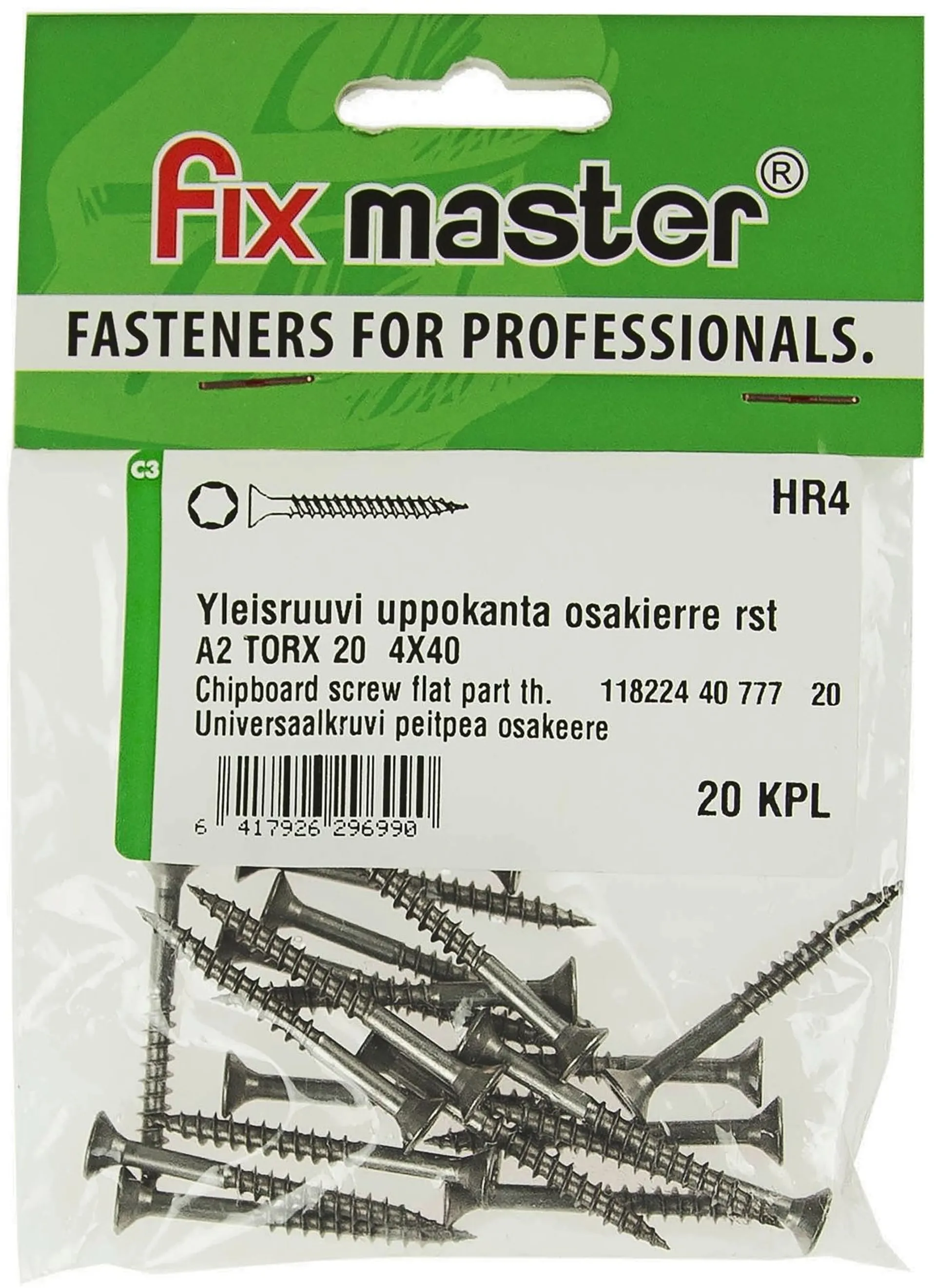 Fix Master yleisruuvi uppokanta osakierre 4X40 A2 torx20 20kpl