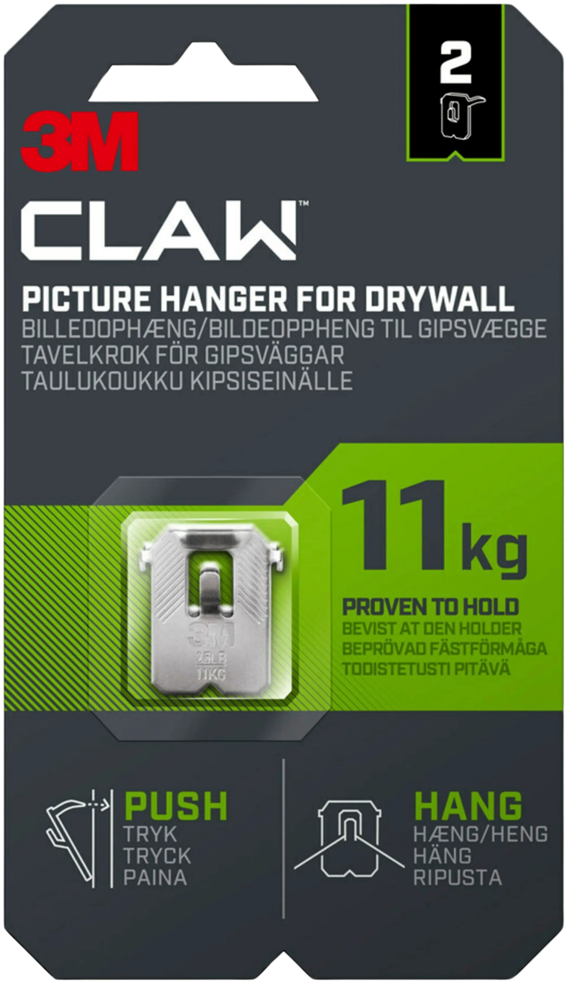 3M CLAW™-taulukoukku kipsilevylle, 11 kg 3PH11-2UKN, 2 ripustuskoukkua - 1