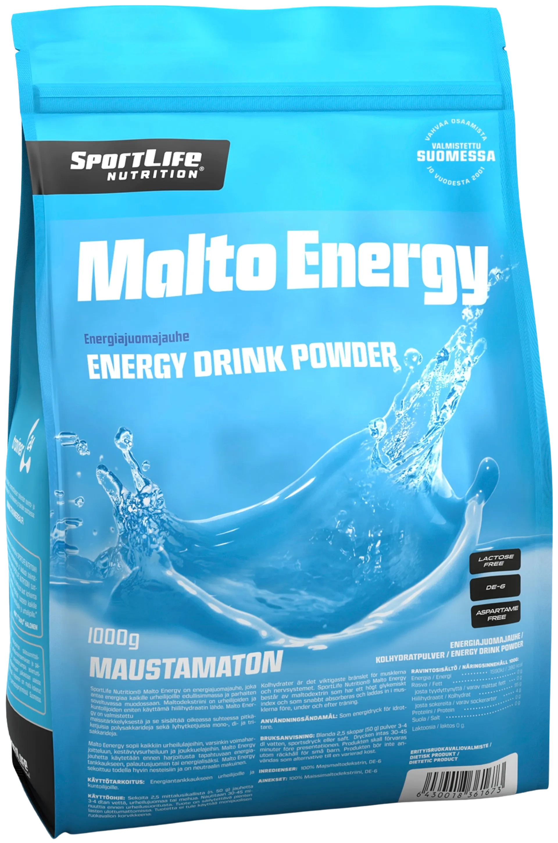 SportLife Nutrition Malto Energy 1000g maustamaton energiajuomajauhe