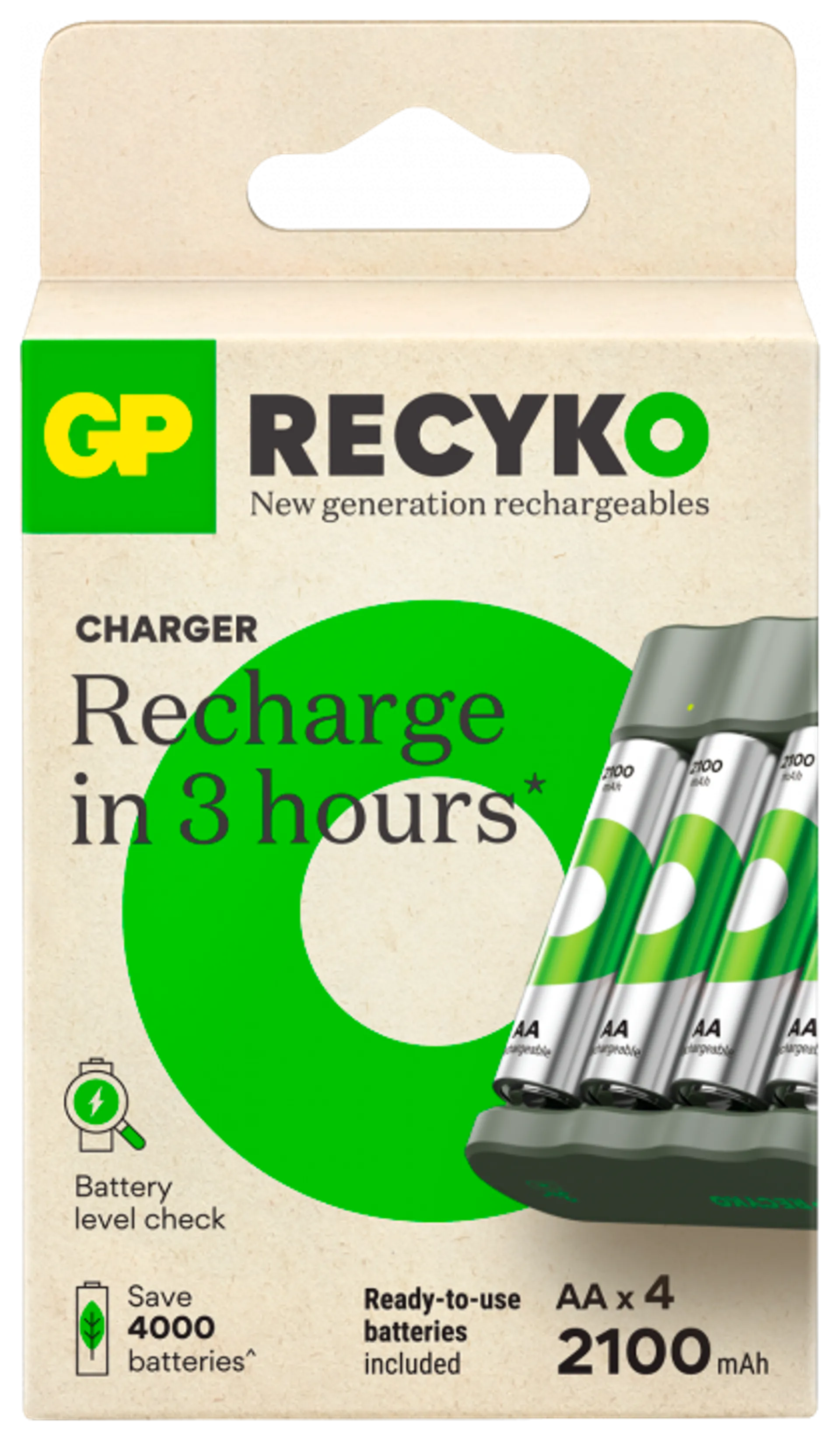 GP Recyko standard akkulaturi usb sis. 4kpl AA 2100mah nimh akkua - 1