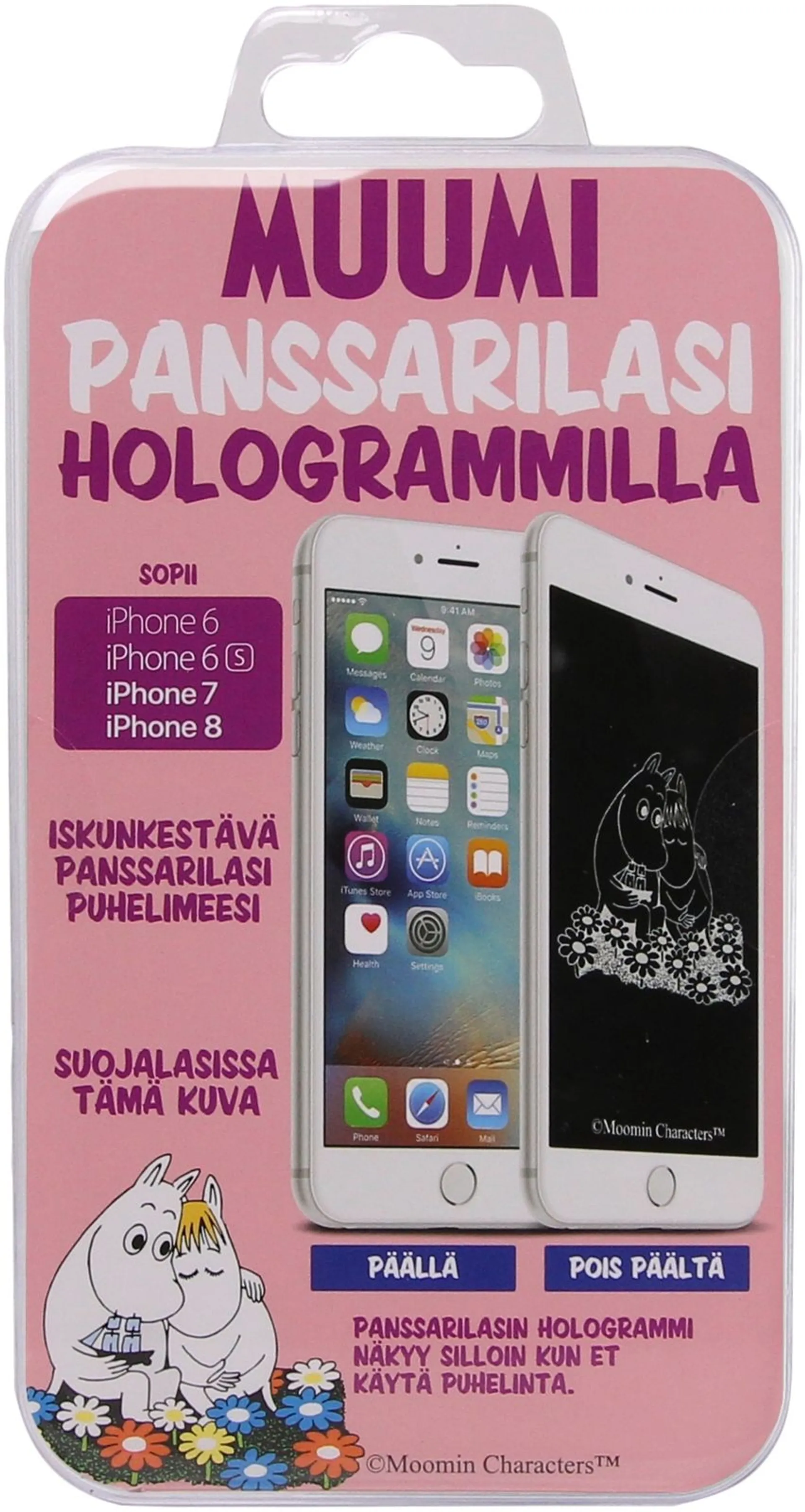 Docover panssarilasi Niiskuneiti ja Muumipeikko -hologrammilla iPhone 6/6S/7/8 - 2