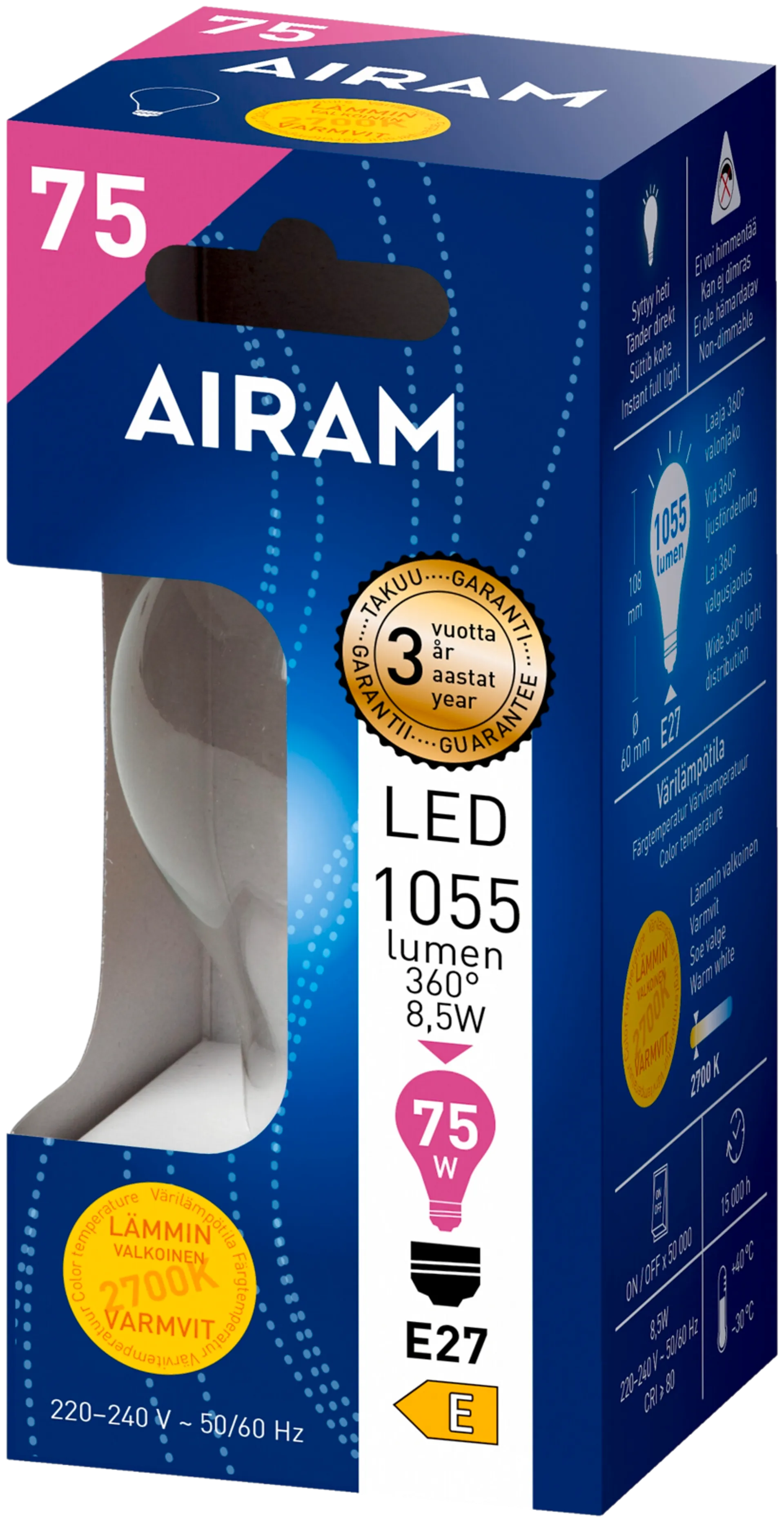 Airam LED 8,5W vakiolamppu filamentti E27 1055lm 2700K - 2