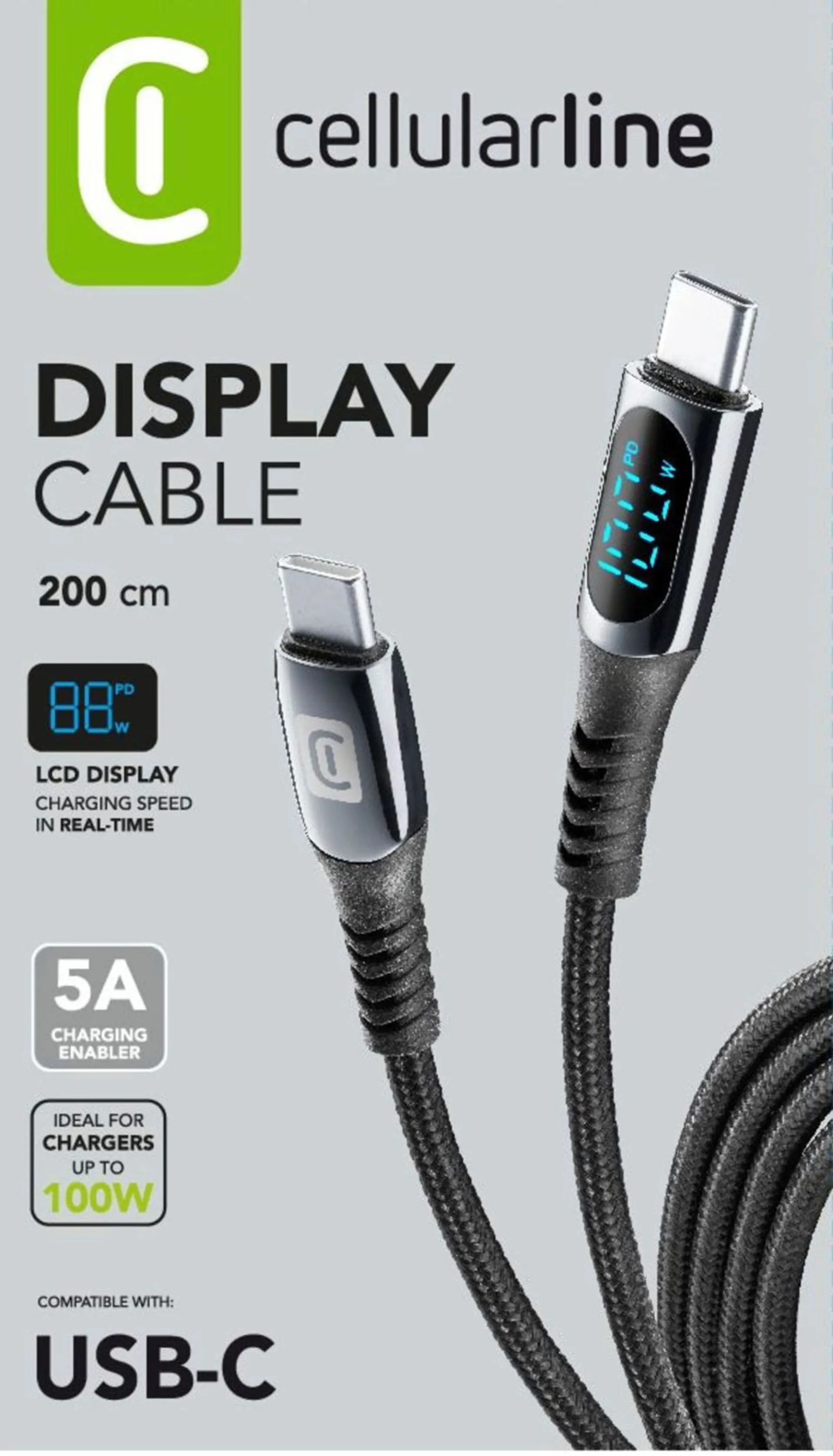 Cellularline Display Cable 2m USB-C kaapeli LCD näytöllä - 1