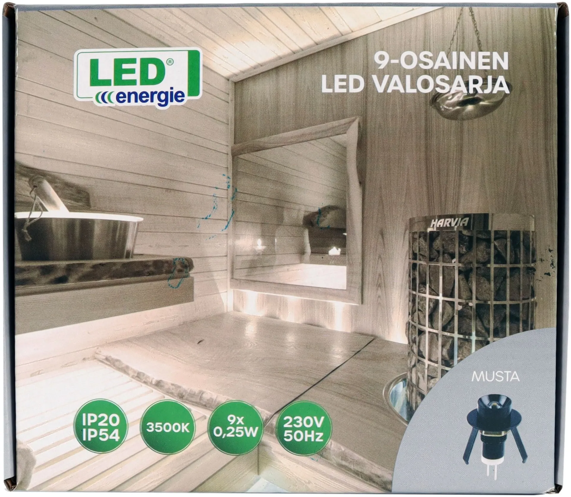 9-osainen LED-valosarja sauna- ja pesutiloihin, terassille ja muihin kodin tiloihin. 230V/50Hz, n. 3W, n. 58lm, 3500K, IP20/IP54. Kehyksen väri musta. - 2