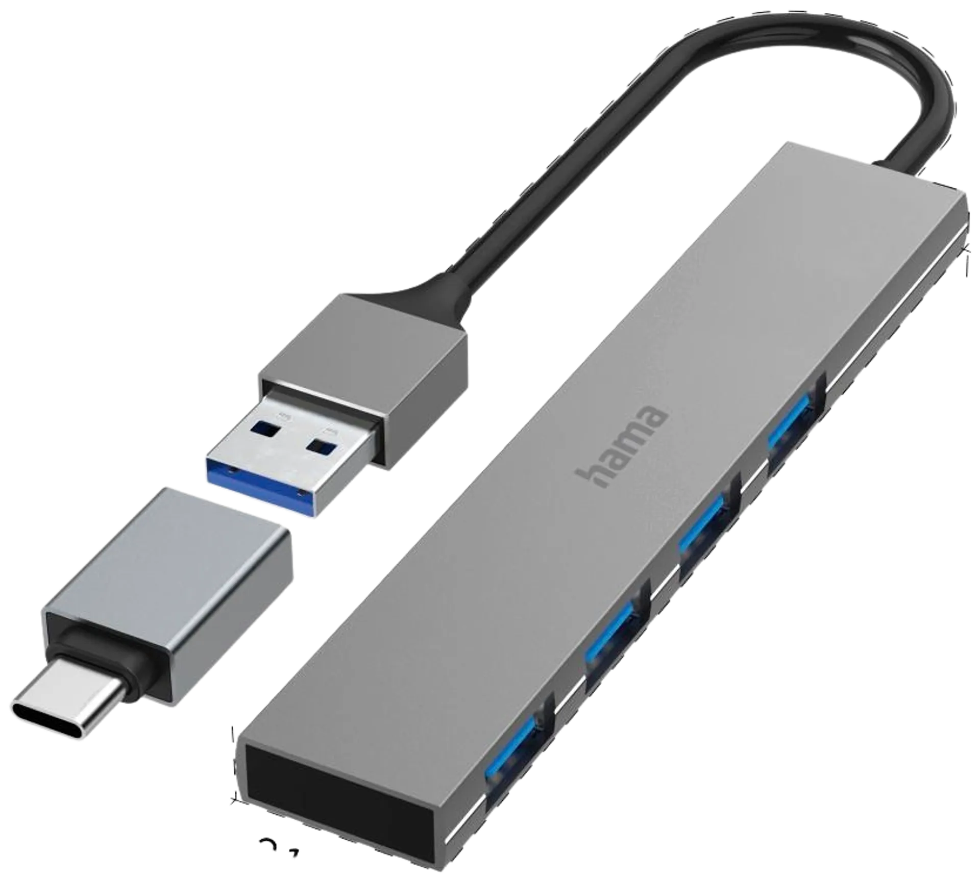 Hama USB-hubi, 4-porttinen, USB-A uros, USB-C adapteri, 4 x USB-A, USB 3.2 Gen 1, 5 Gbit/s, Ultra-slim, 0,15 m - 3