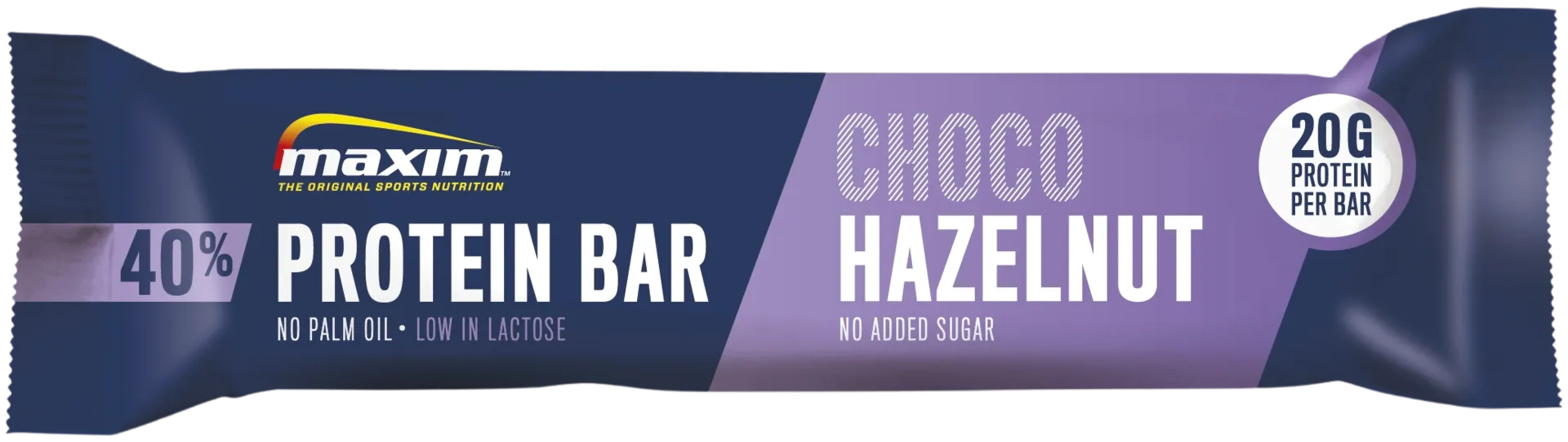 Maxim 40% Protein bar low in lactose Choco Hazelnut Suklaan- ja hasselpähkinänmakuinen vähälaktoosinen proteiinipatukka 50g