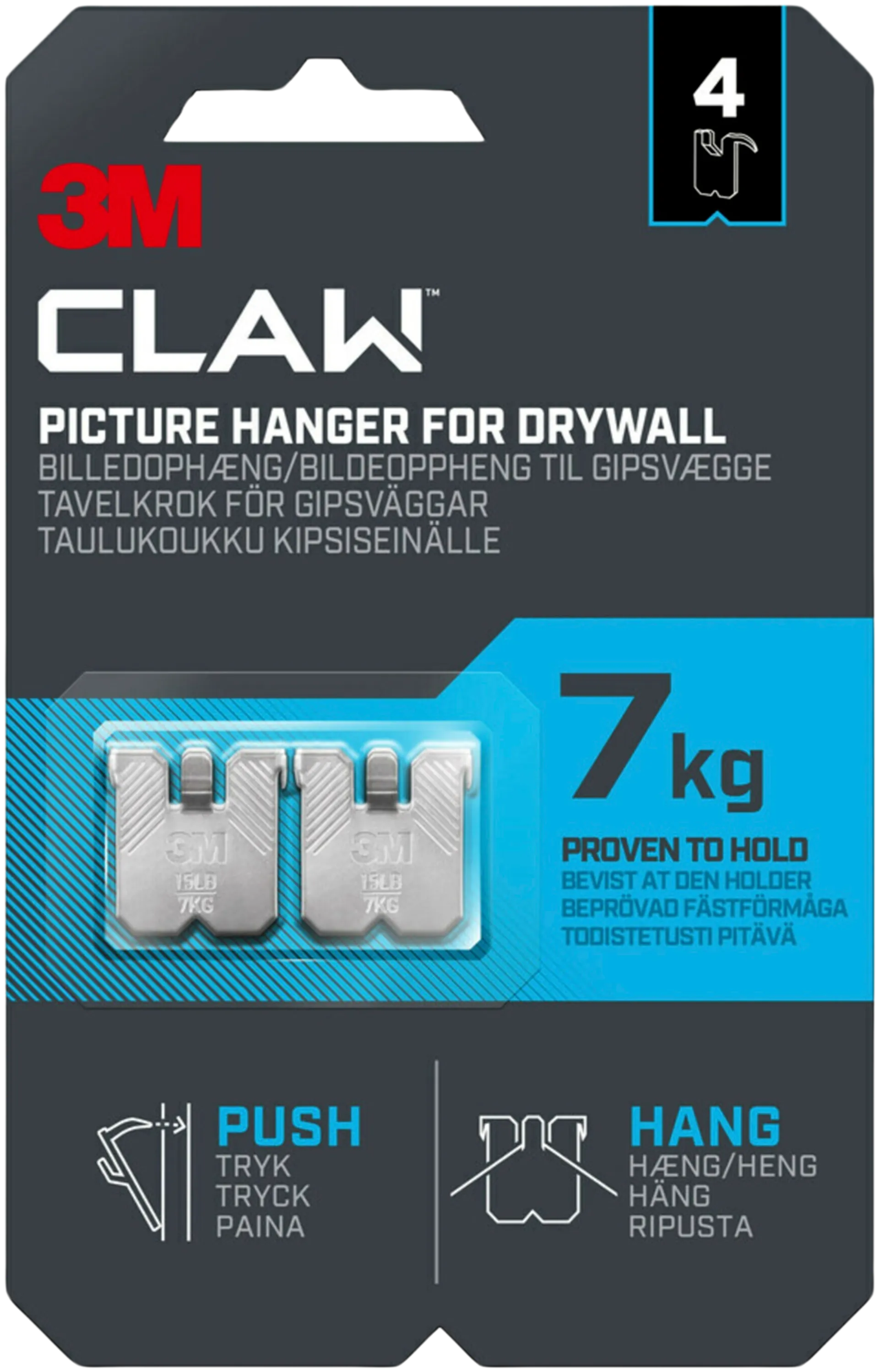 3M CLAW™-taulukoukku kipsilevylle, 7 kg 3PH7-4UKN, 4 ripustuskoukkua - 1