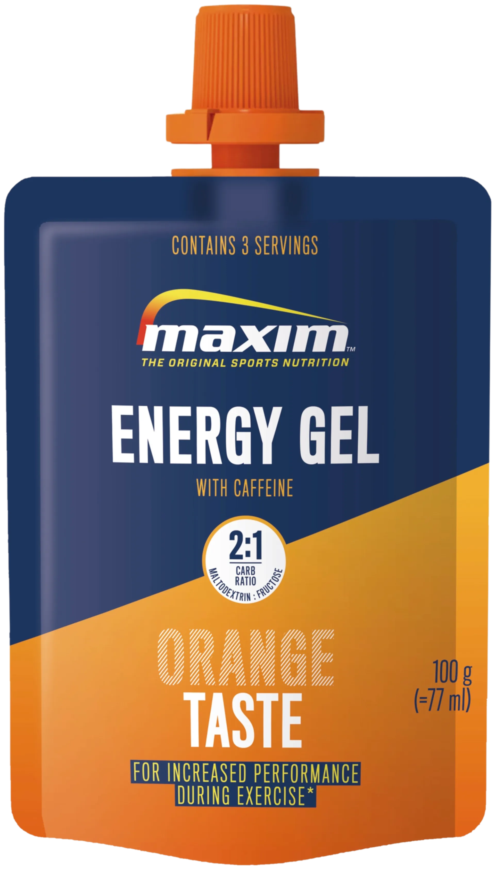 Maxim Energy Gel Orange taste with caffeine appelsiininmakuinen geeli korkea kofeiinipitoisuus käytetään suorituksen aikana 100g