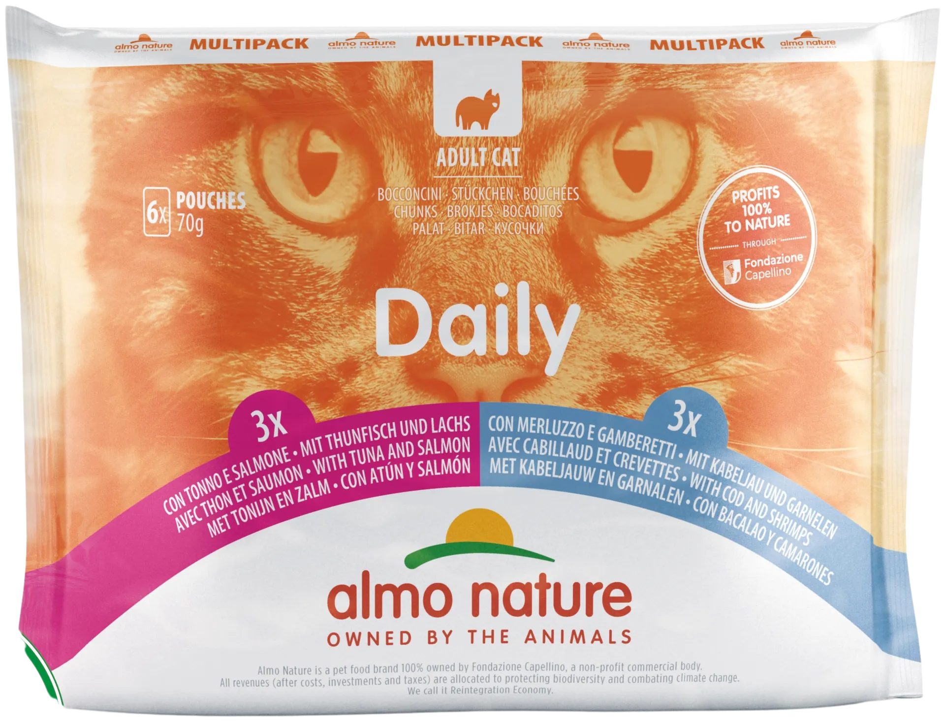 Almo Nature Daily multipack kissan täysravinto tonnikala-lohi & turska-katkarapu 6 x 70 g - 2