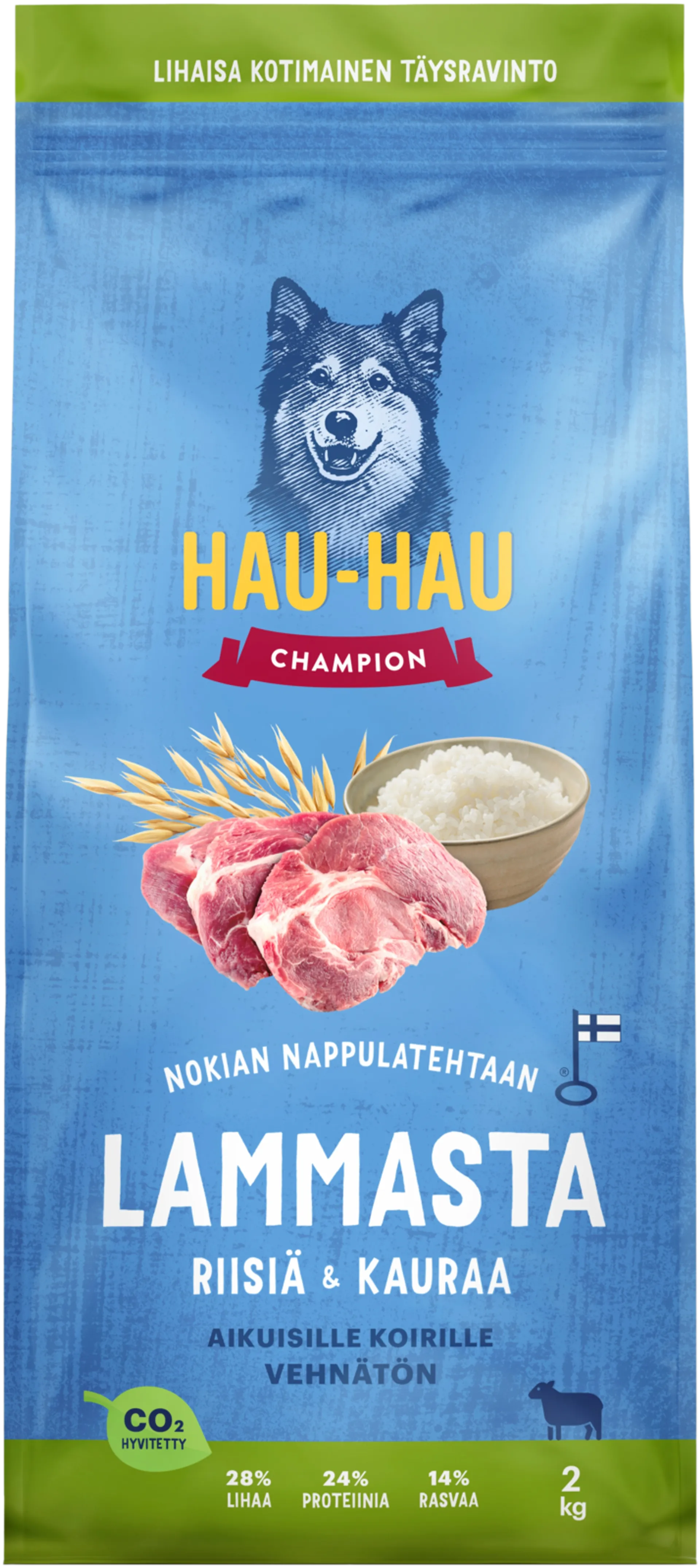 Hau-Hau Champion Nokian Nappulatehtaan Lammasta, riisiä & kauraa täysravinto aikuisille koirille 2 kg