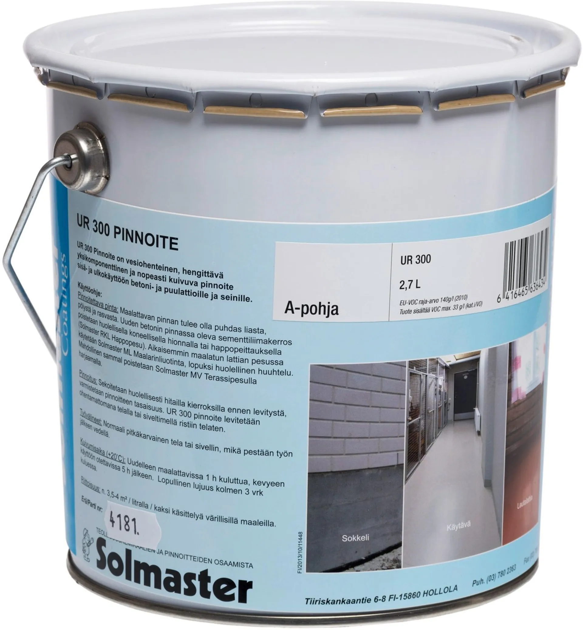 Solmaster betoni- ja puulattiamaali UR 300 2,7l A valkoinen sävytettävissä