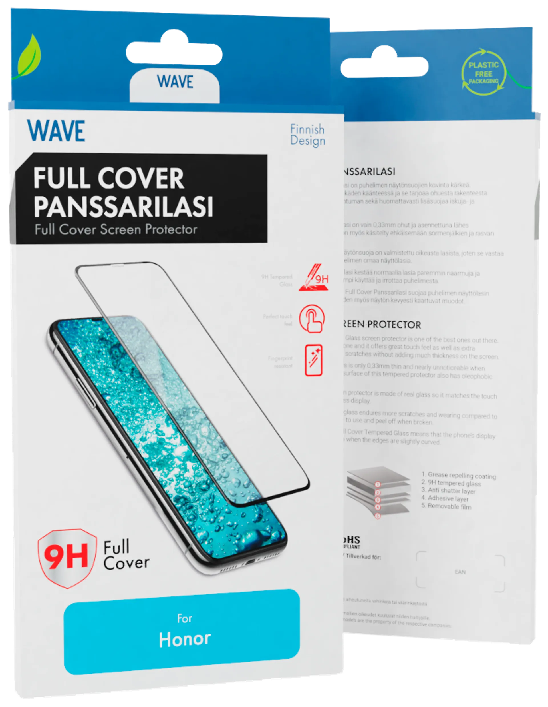 Wave Full Cover Panssarilasi, Honor X7, Musta Kehys