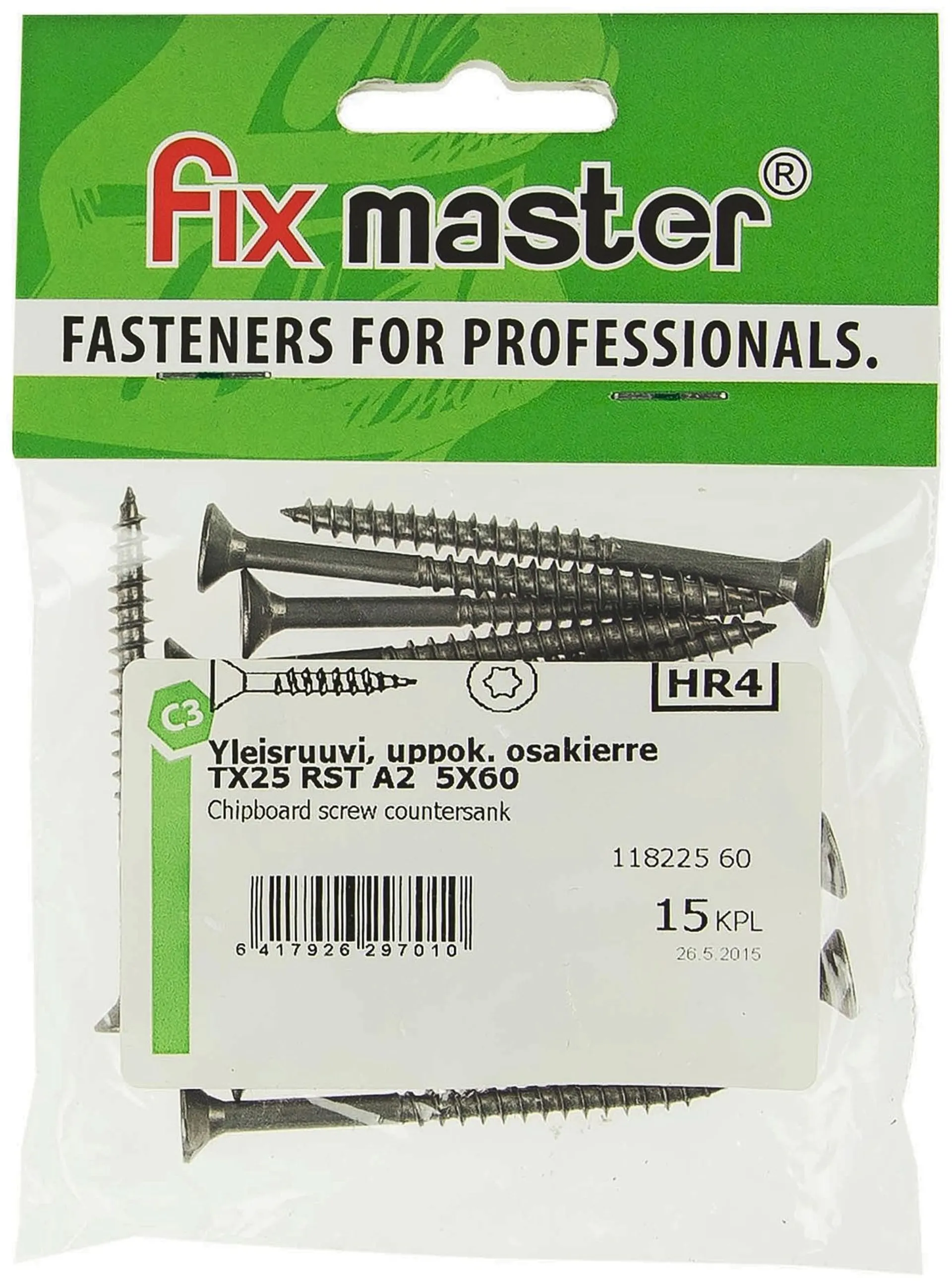 Fix Master yleisruuvi uppokanta osakierre 5,0X60 torx25 A2 15kpl