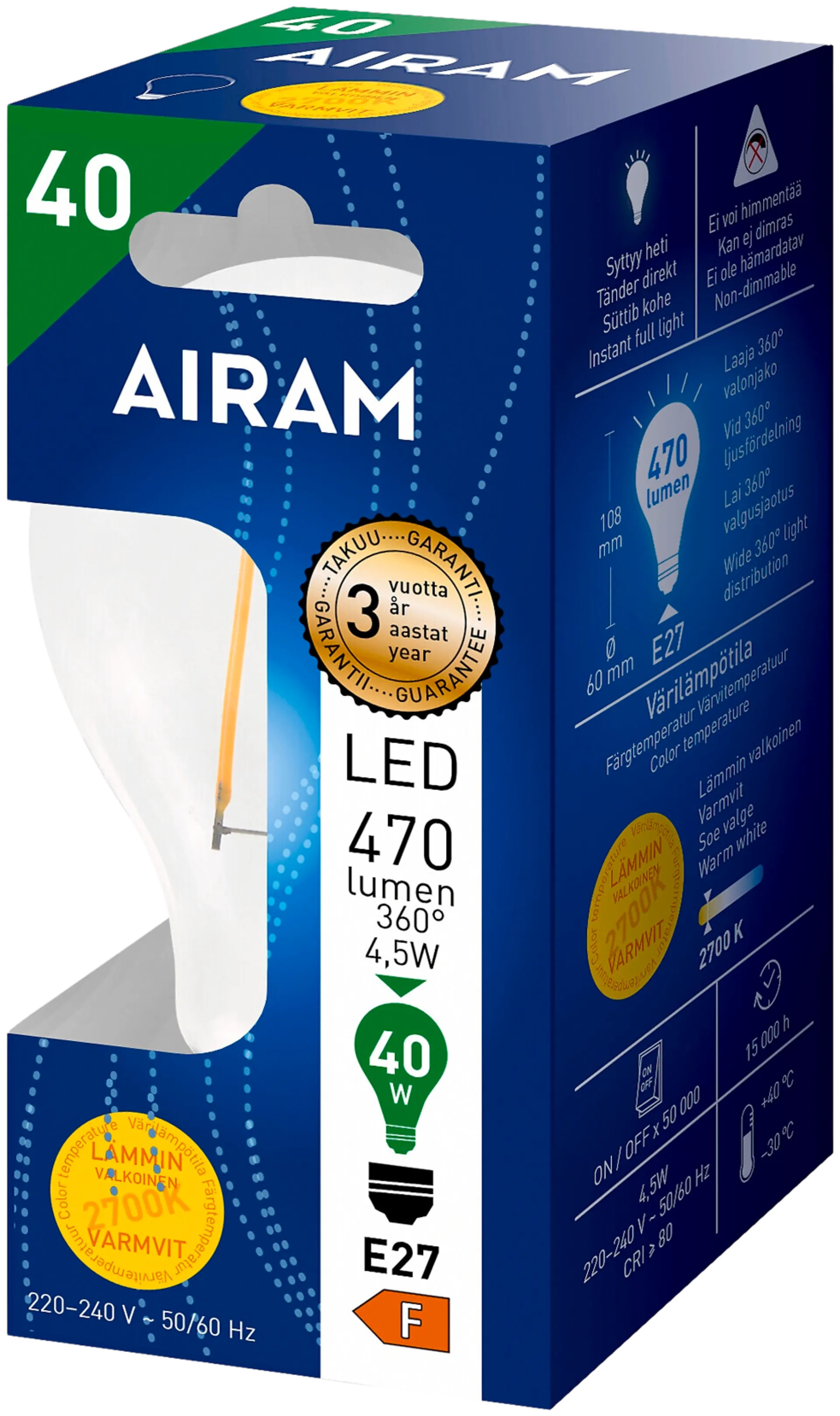 Airam LED 4,5W vakiolamppu filamentti E27 470lm 2700K - 2