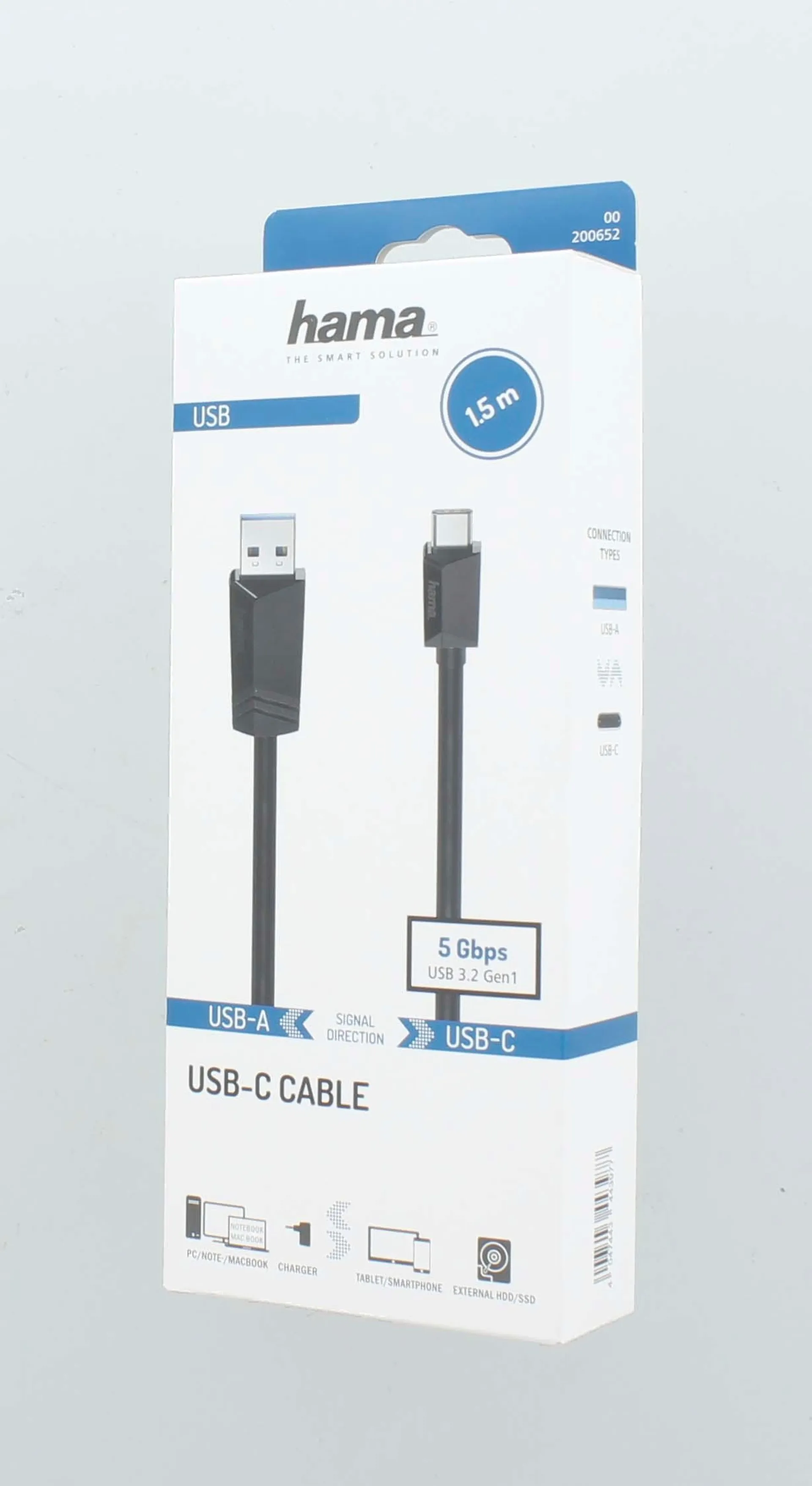 Hama USB-kaapeli, USB-C uros - USB-A uros, USB 3.2 Gen 1, 5 Gbit/s, 1,5 m - 2