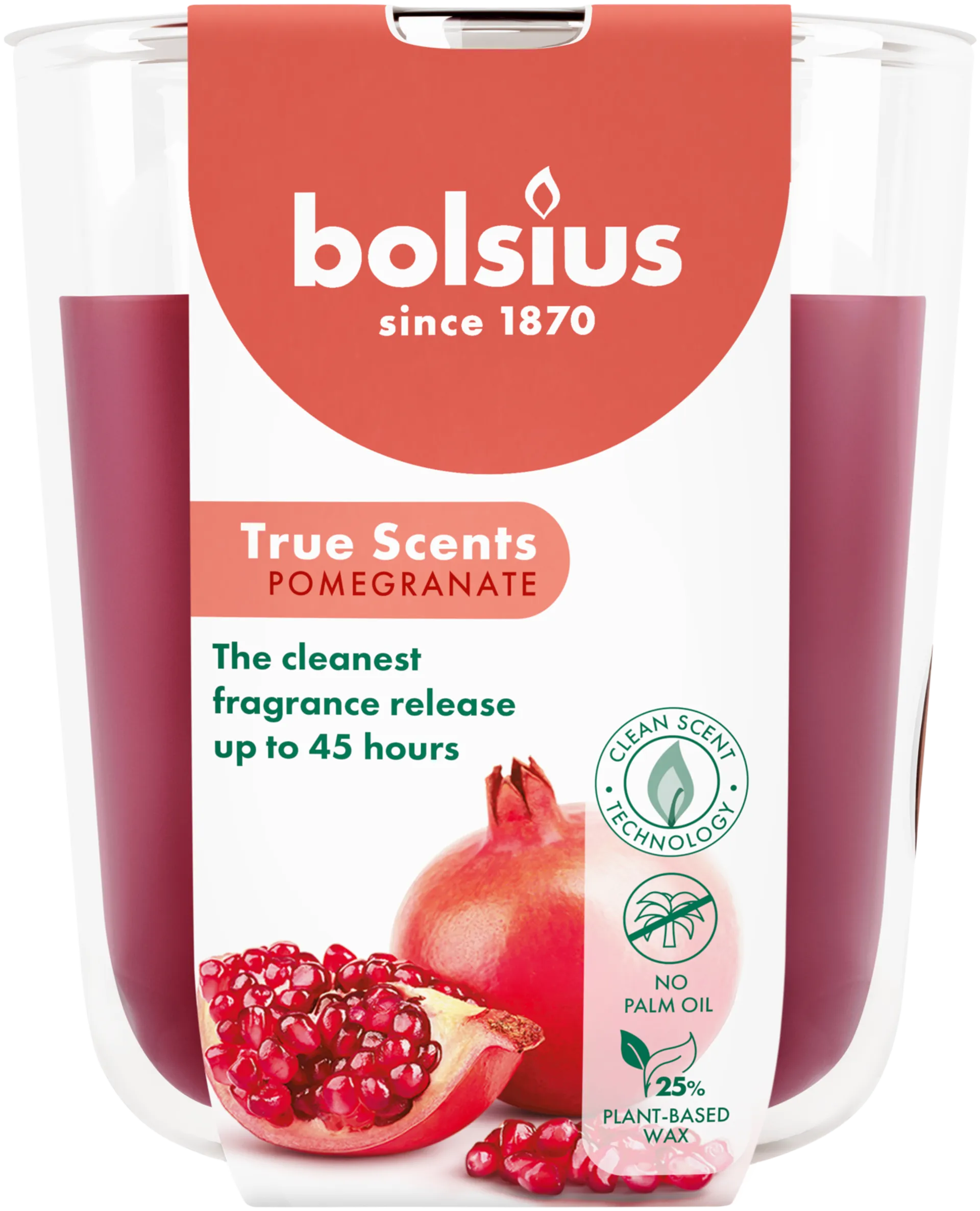 Bolsius True Scents – tuoksukynttilä lasissa – Granaattiomena – punainen – suuri