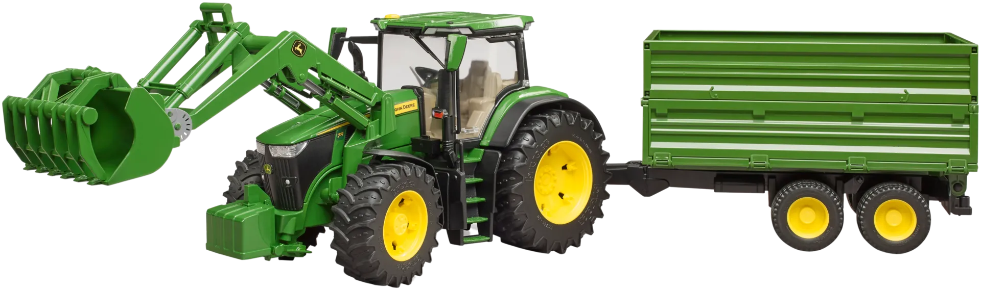 Bruder John Deere 7R 350 traktori etukuormaajalla ja perävaunulla - 2