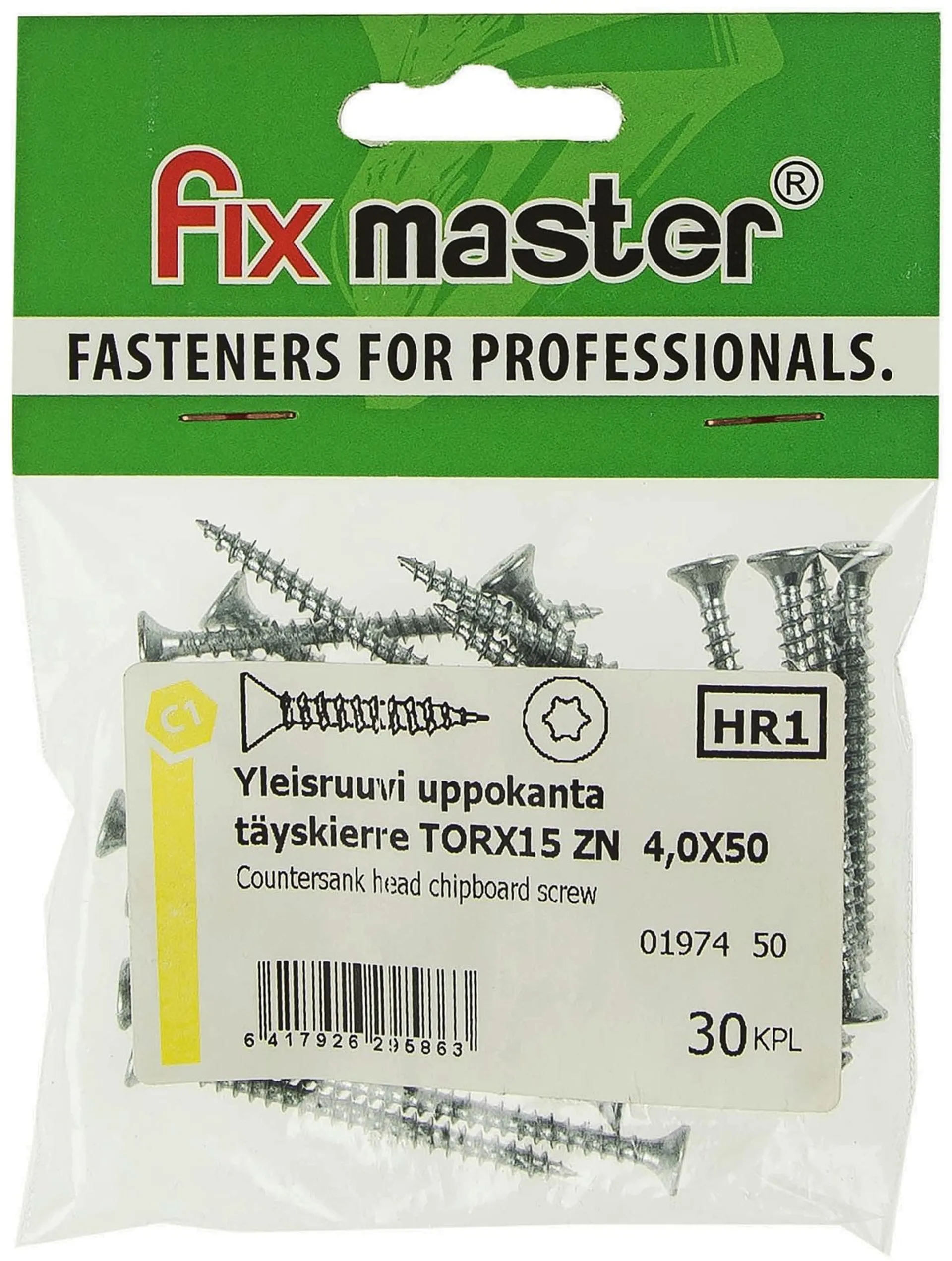 Fix Master yleisruuvi uppokanta täyskierre 4,0X50 torx15 sinkitty 30kpl