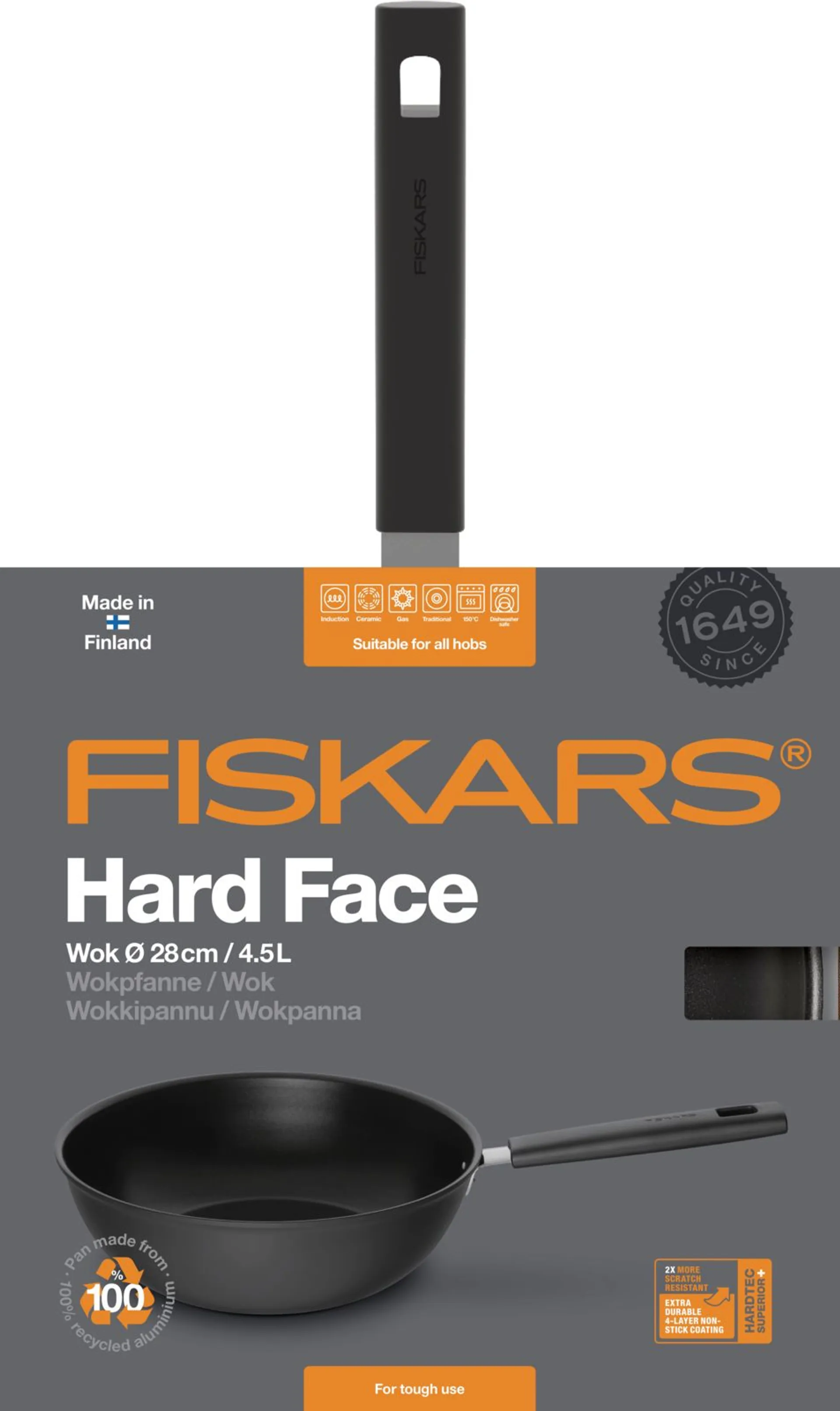 Fiskars Hard Face 28 cm/4,5 l wokkipannu, musta - 2