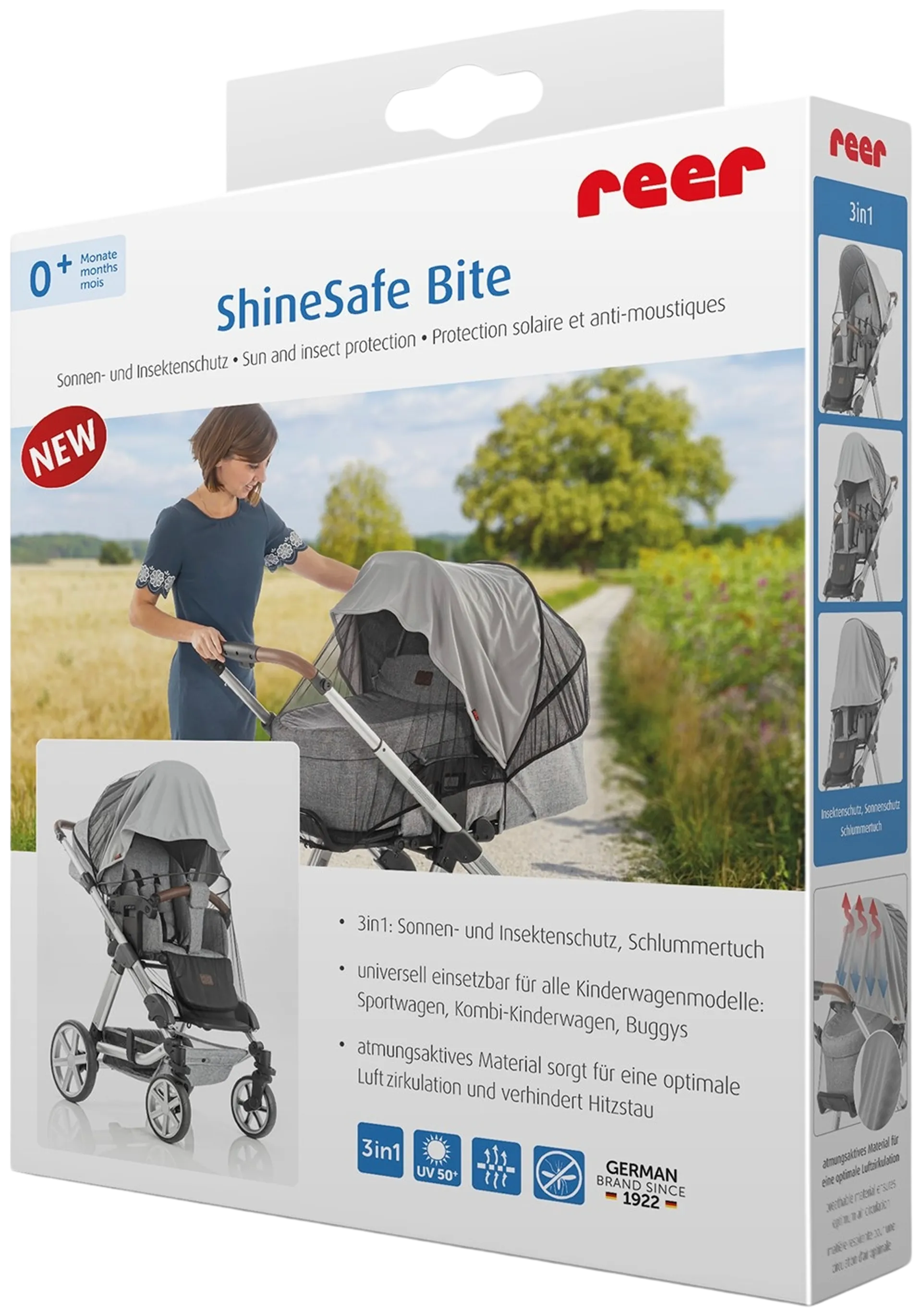 Reer ShineSafe Bite aurinko- ja hyönteissuoja lastenvaunuille harmaa - 1