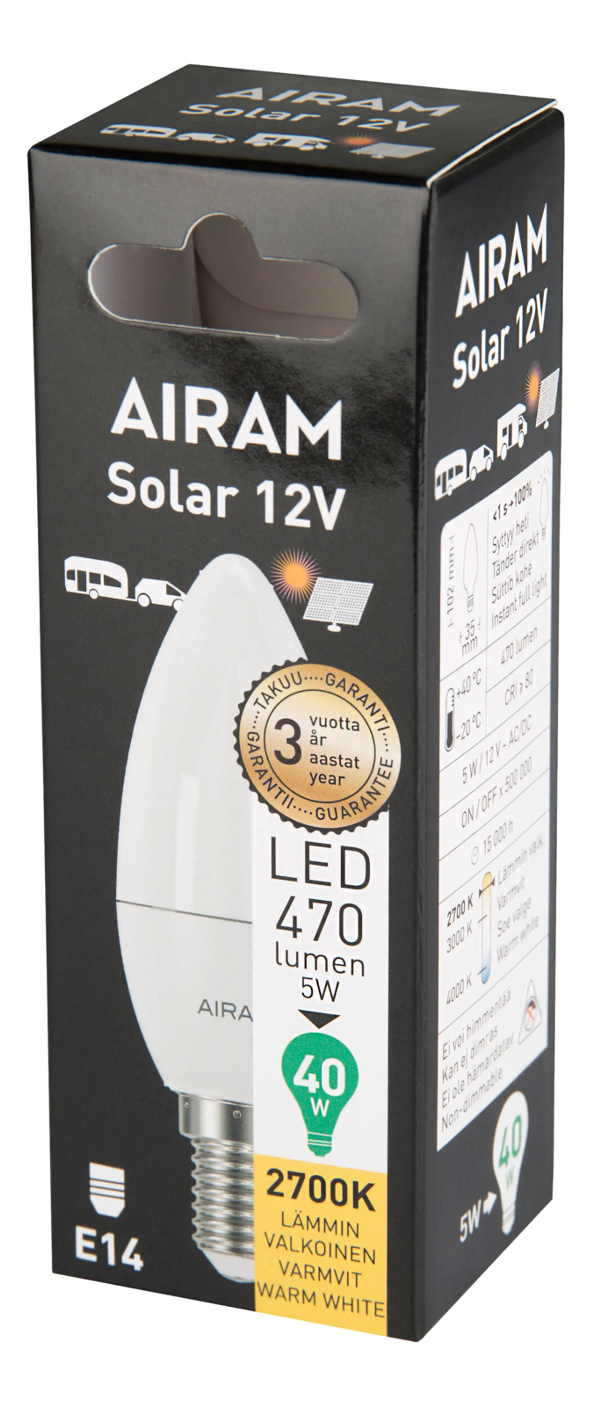 Airam Solar Led kynttilä opaali 5W E14 470lm 2700K 12V - 2