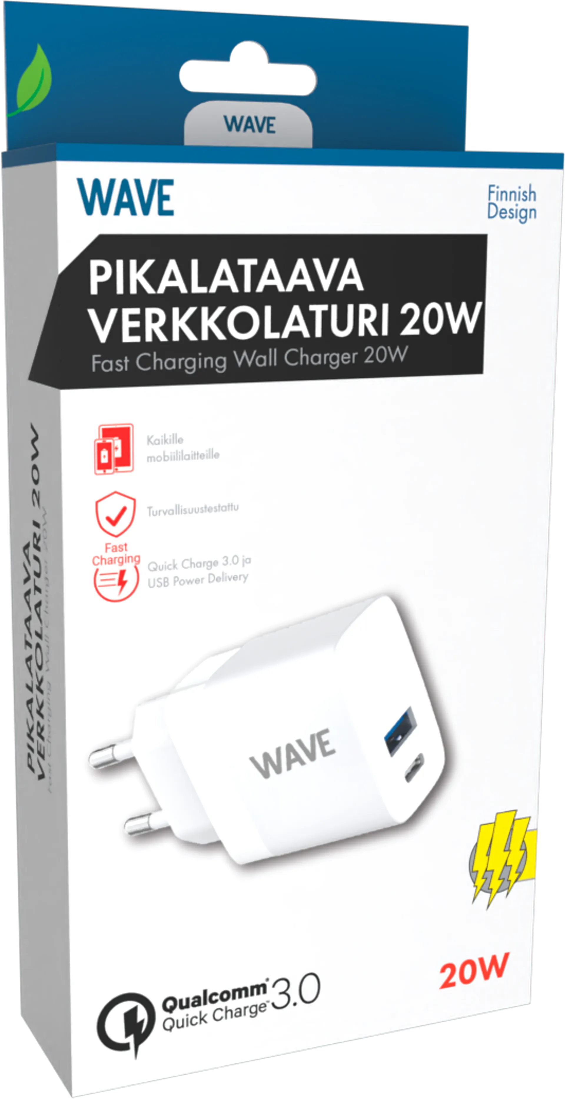 Wave pikalataava verkkolaturi 20W 1 x USB Type-C + 1 x USB-A valkoinen - 1