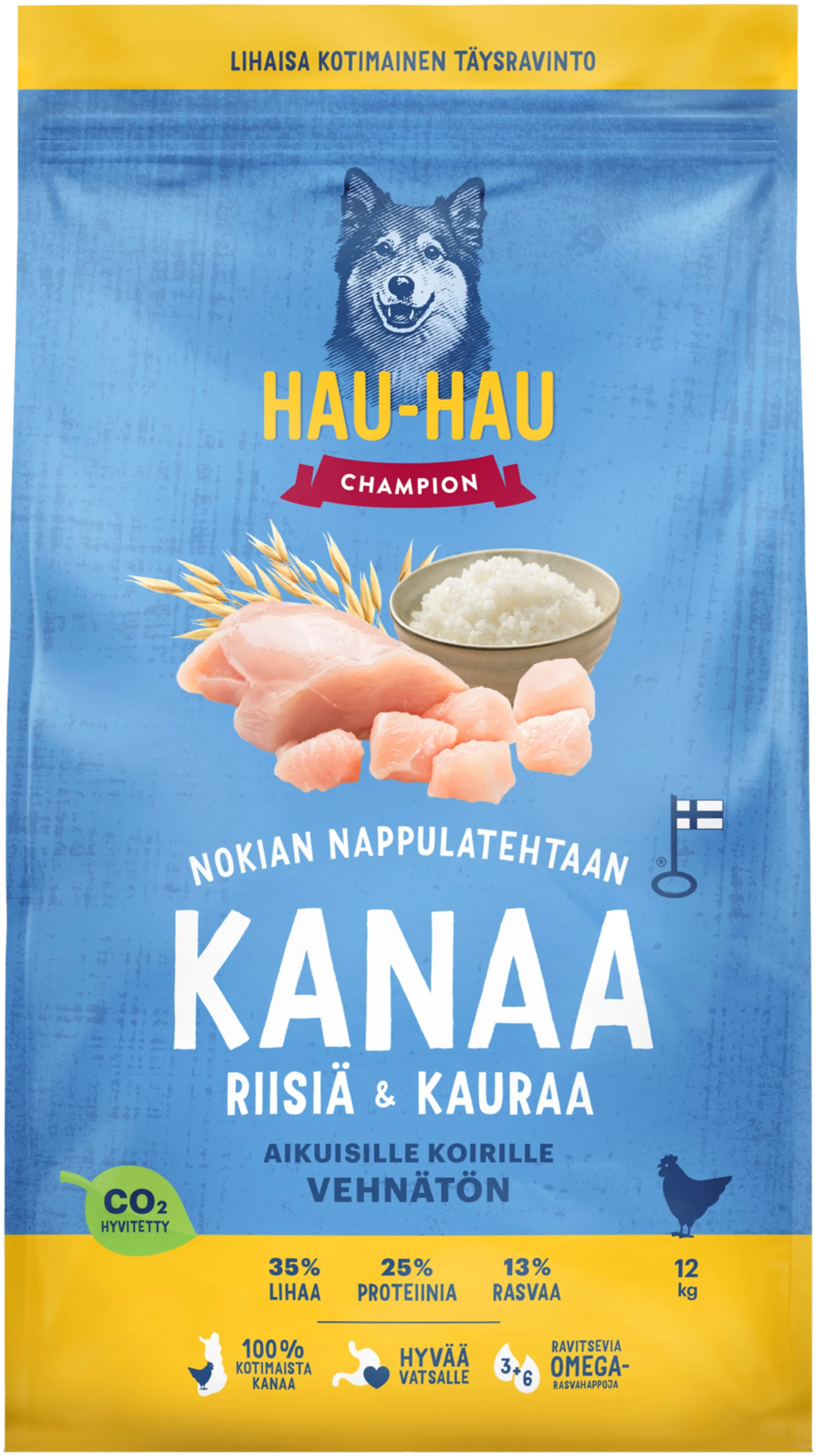 Hau-Hau Champion Nokian Nappulatehtaan Kanaa, riisiä & kauraa täysravinto aikuisille koirille 12 kg