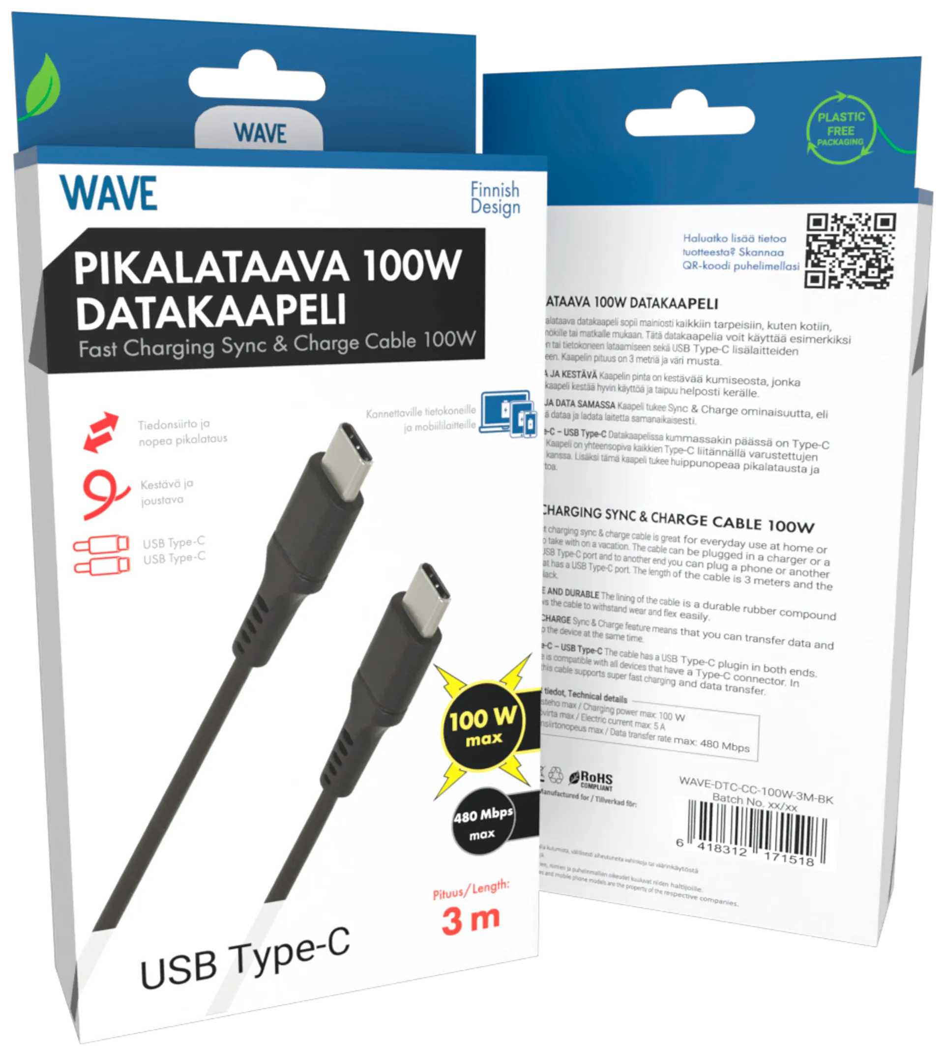 Wave 100W Datakaapeli, USB Type-C -> USB Type-C (480 Mbps), 3m, Musta - 1